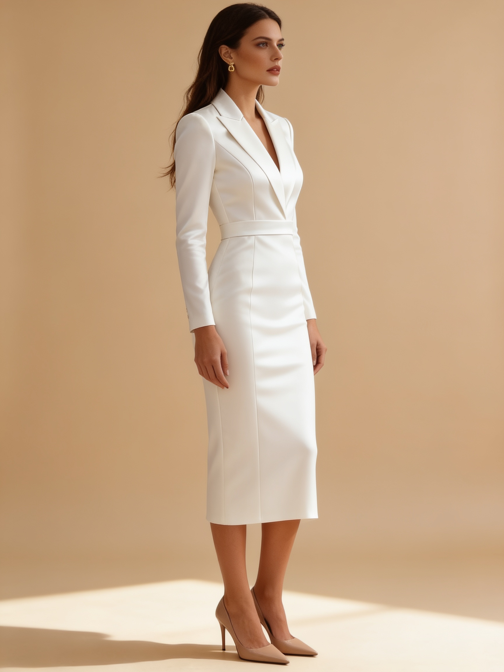 Queenie tailored white blazer dress by Lumina Wear with structured lapels and long sleeves