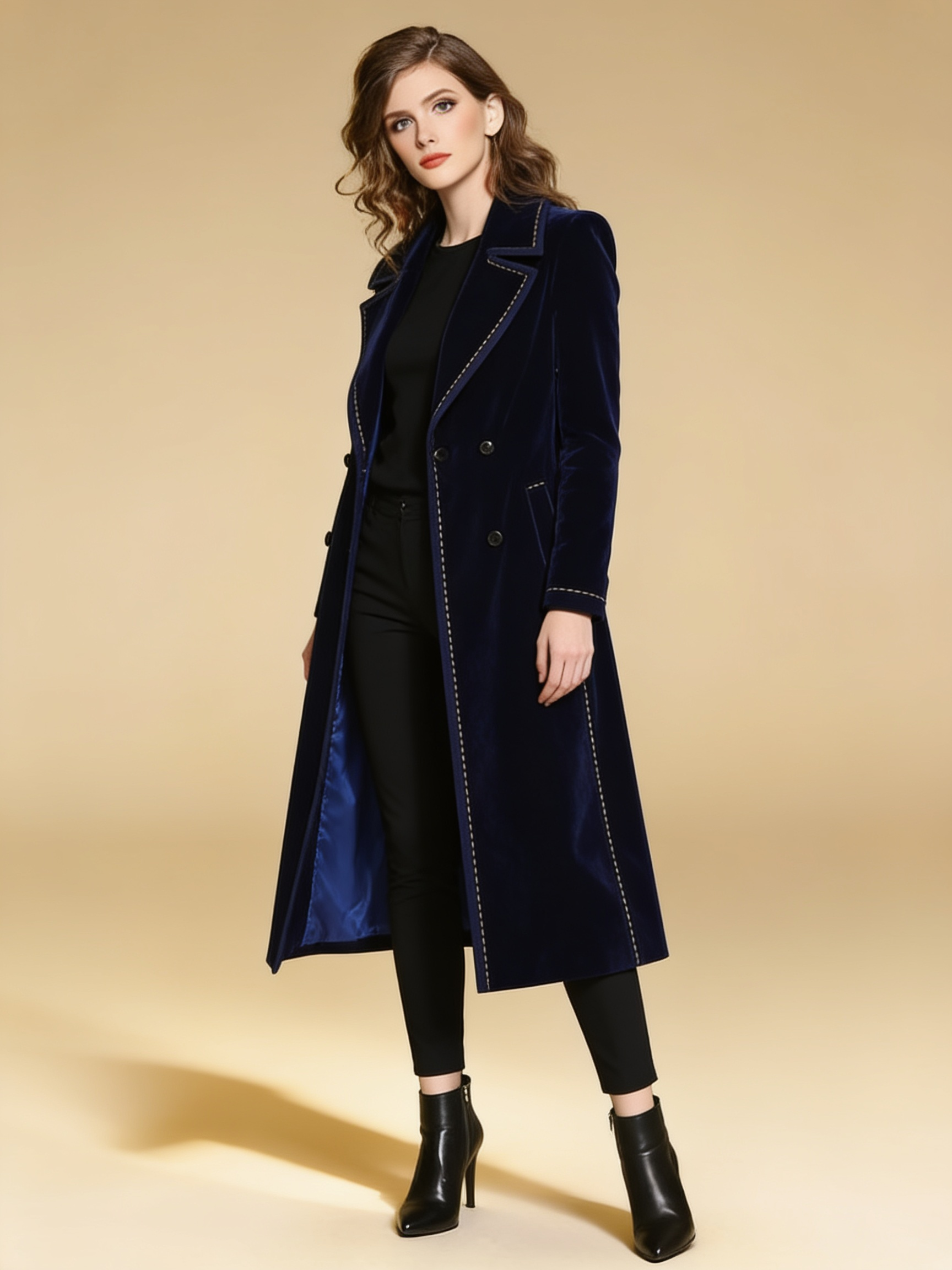 Lumina Wear Clover double-breasted long coat in midnight blue velvet