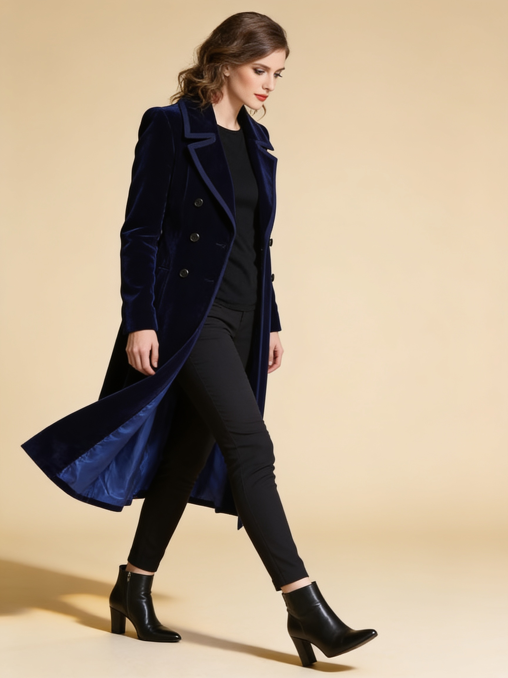 Lumina Wear double-breasted long coat in midnight blue velvet