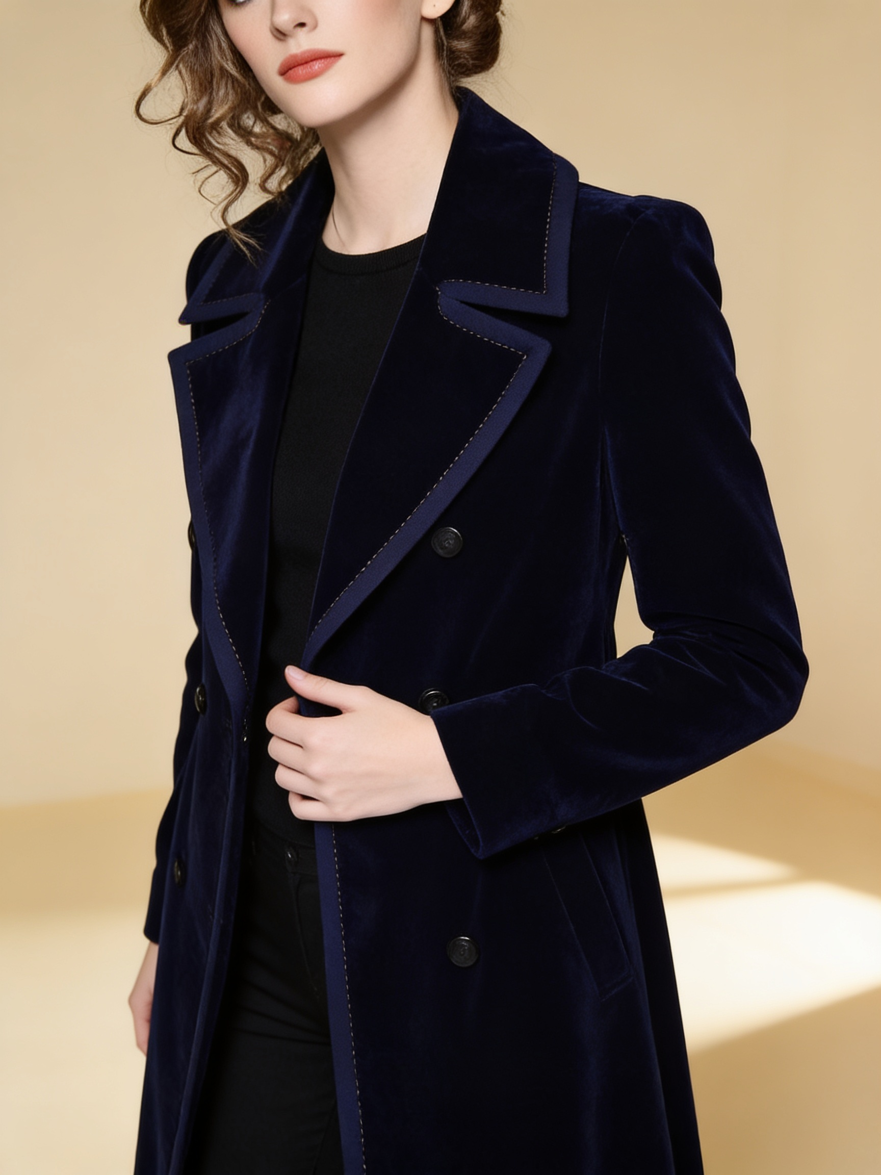 Lumina Wear double-breasted long coat in midnight blue velvet期六合