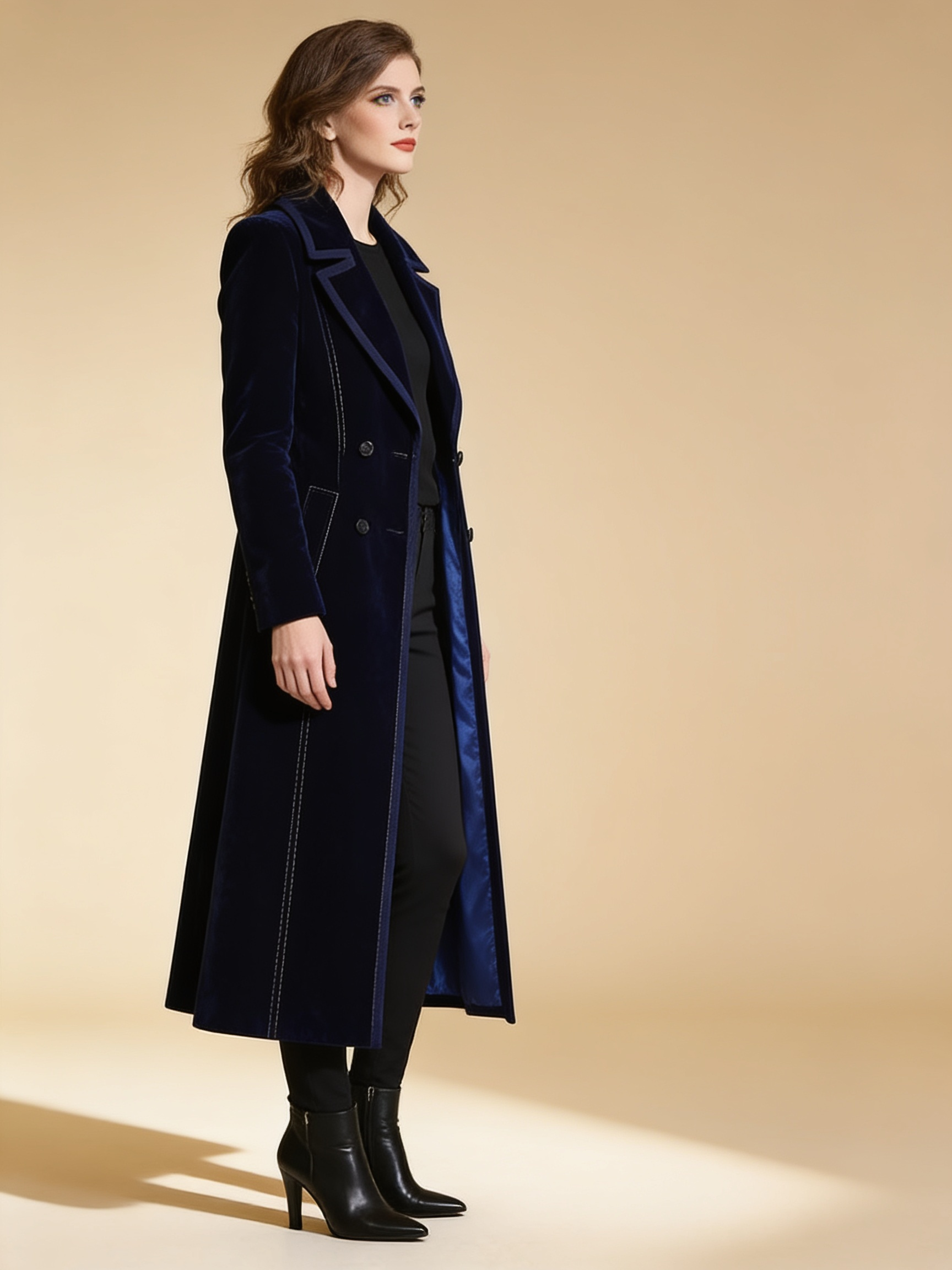Lumina Wear double-breasted long coat in midnight blue velvet