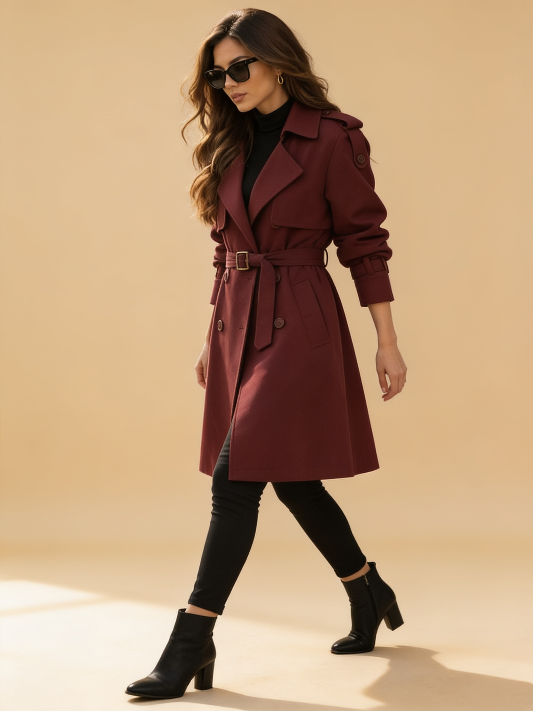 Lumina Wear Elena Rouge double-breasted belted trench coat in red, front view