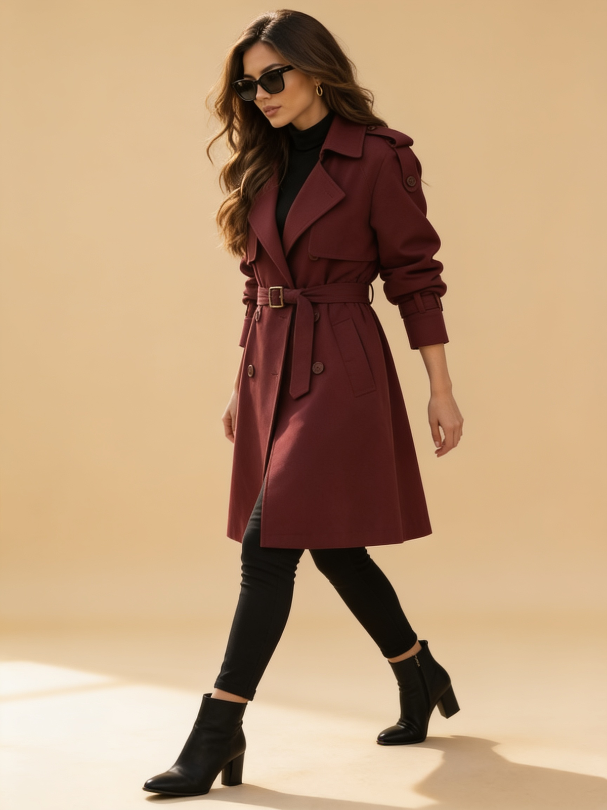 Lumina Wear Elena Rouge double-breasted belted trench coat in red, front view