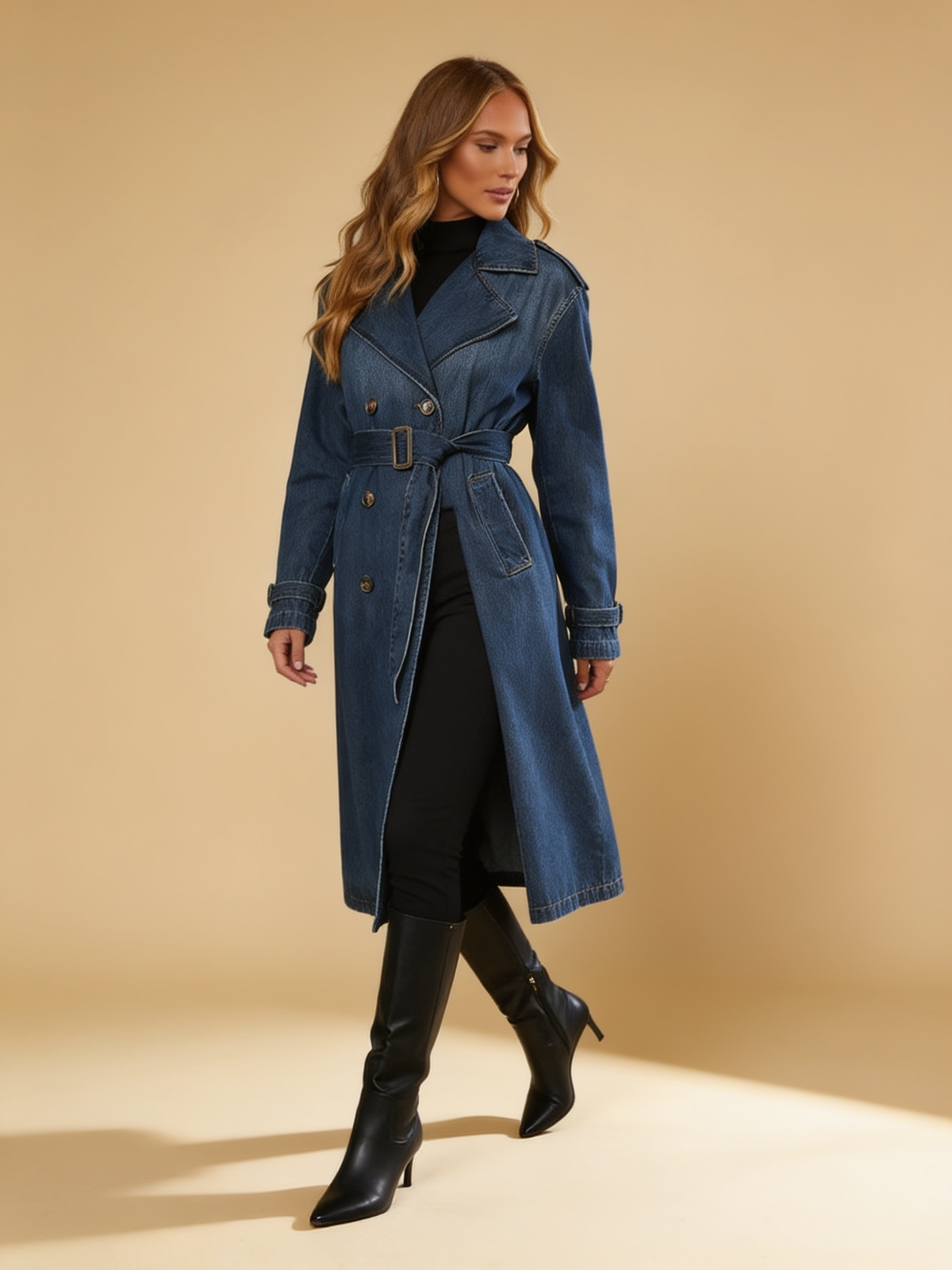 Lumina Wear Elena double-breasted denim trench coat in blue with long sleeves and belted waist