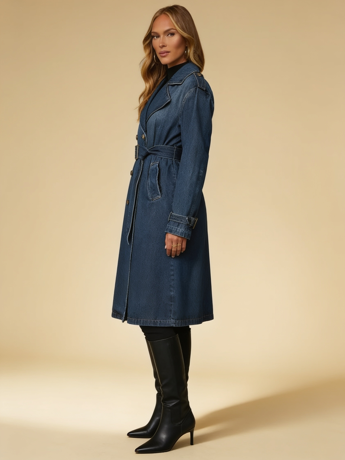 Lumina Wear Elena double-breasted denim trench coat in blue, front view