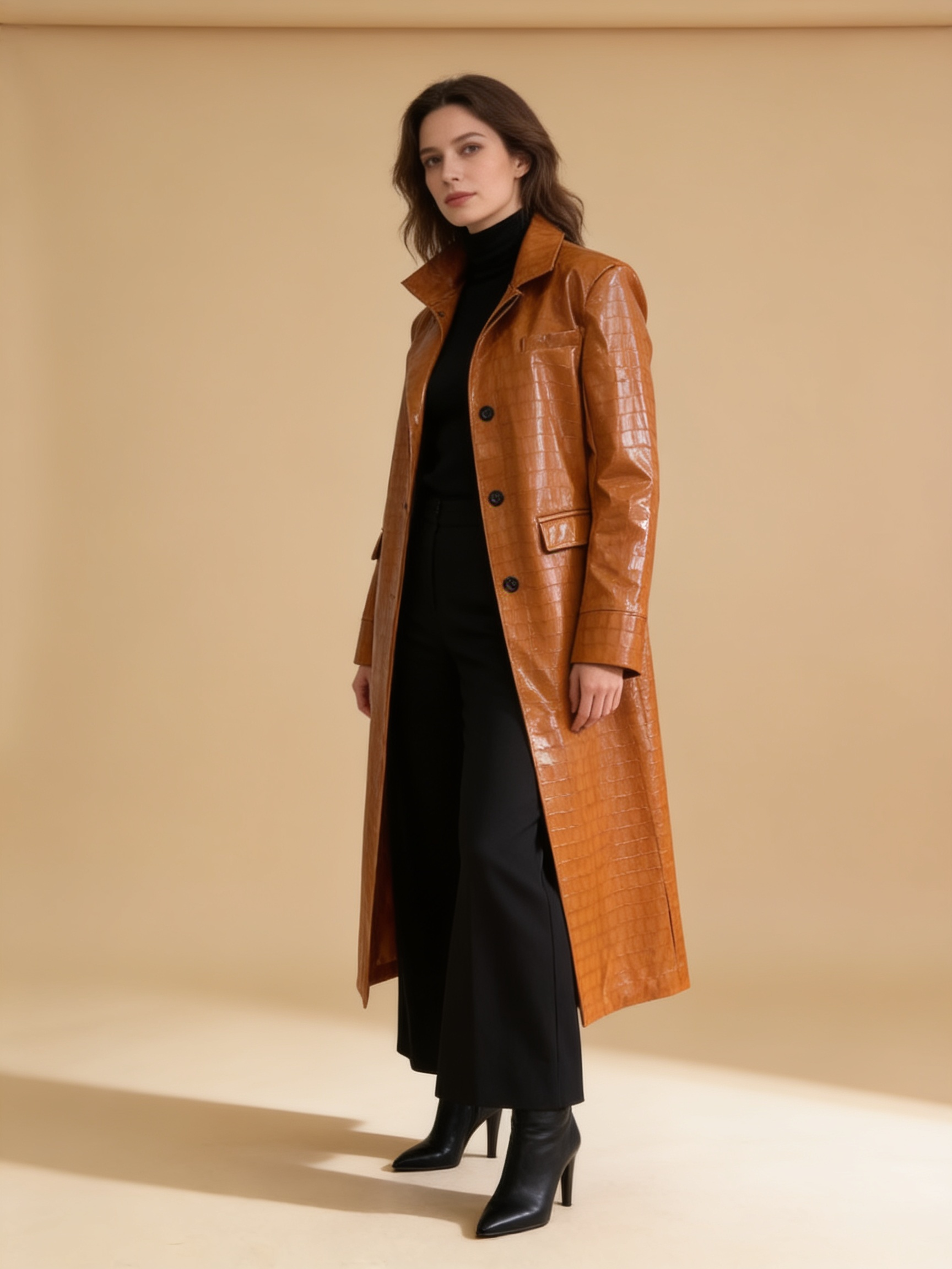 Lumina Wear croc-embossed faux leather trench coat with belted waist, Constance style