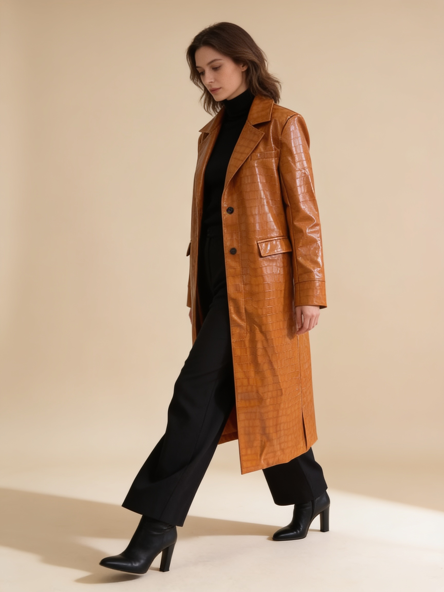 Lumina Wear croc-embossed faux leather trench coat with belted waist in Constance style