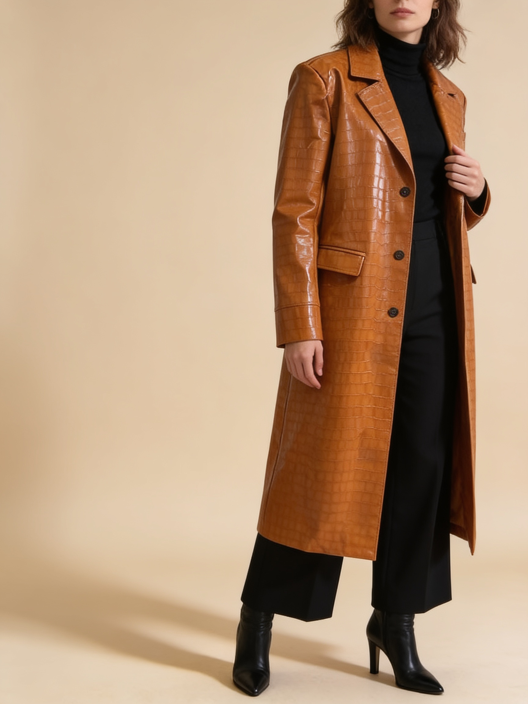 Lumina Wear croc-embossed faux leather trench coat with belted waist in Constance style