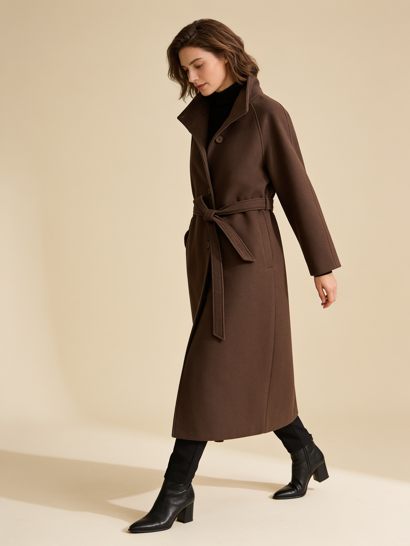 Lumina Wear Georgie belted wool blend maxi coat in a long silhouette.