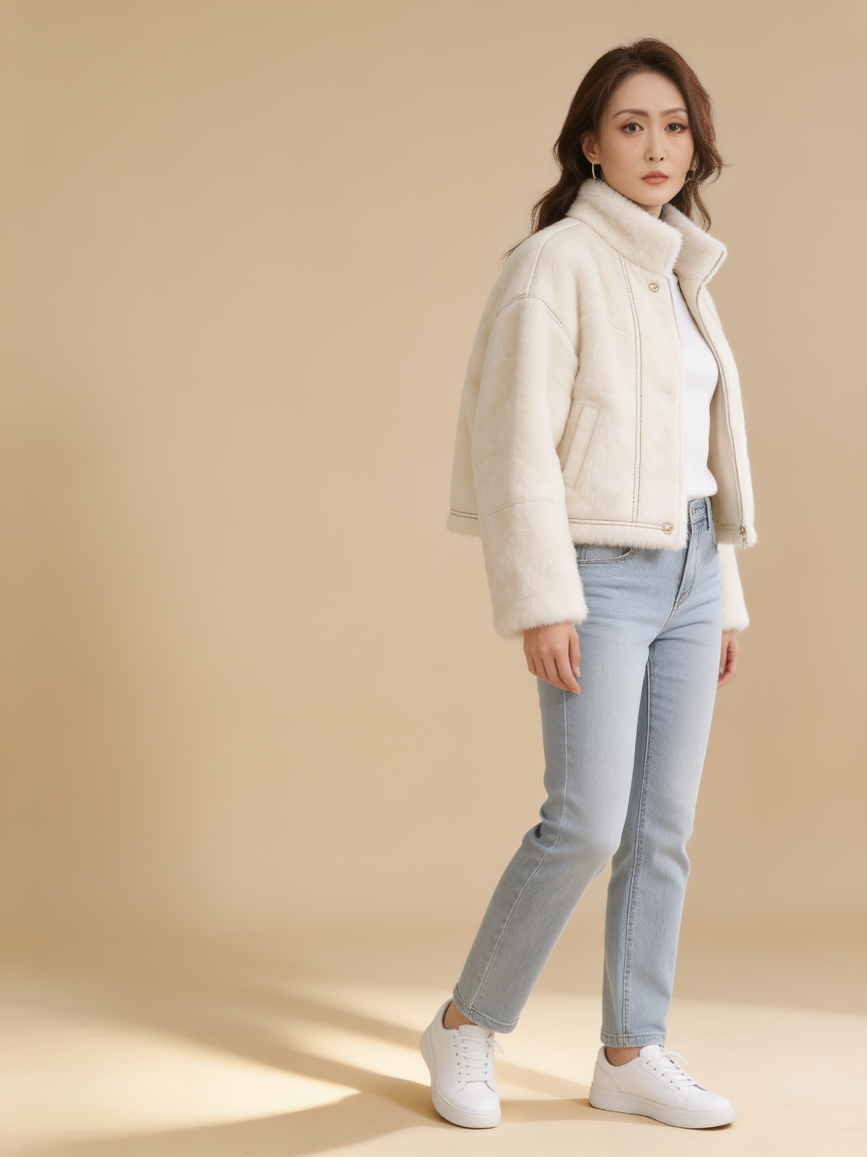 Lumina Wear Isabella plush cropped faux fur jacket with relaxed fit in light brown