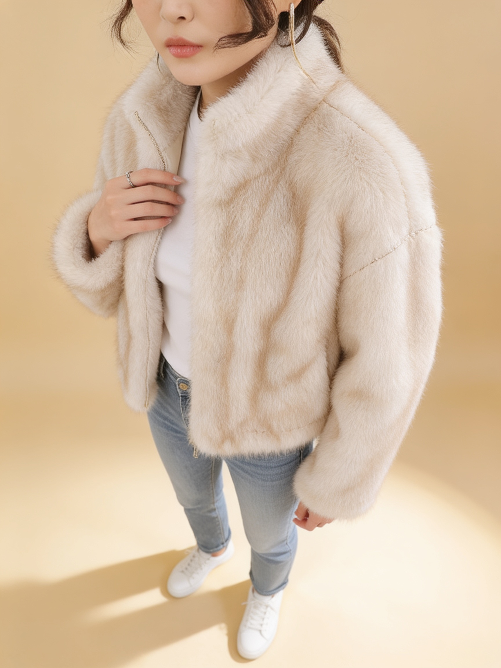 Lumina Wear Isabella plush cropped faux fur jacket with relaxed fit in a soft neutral shade