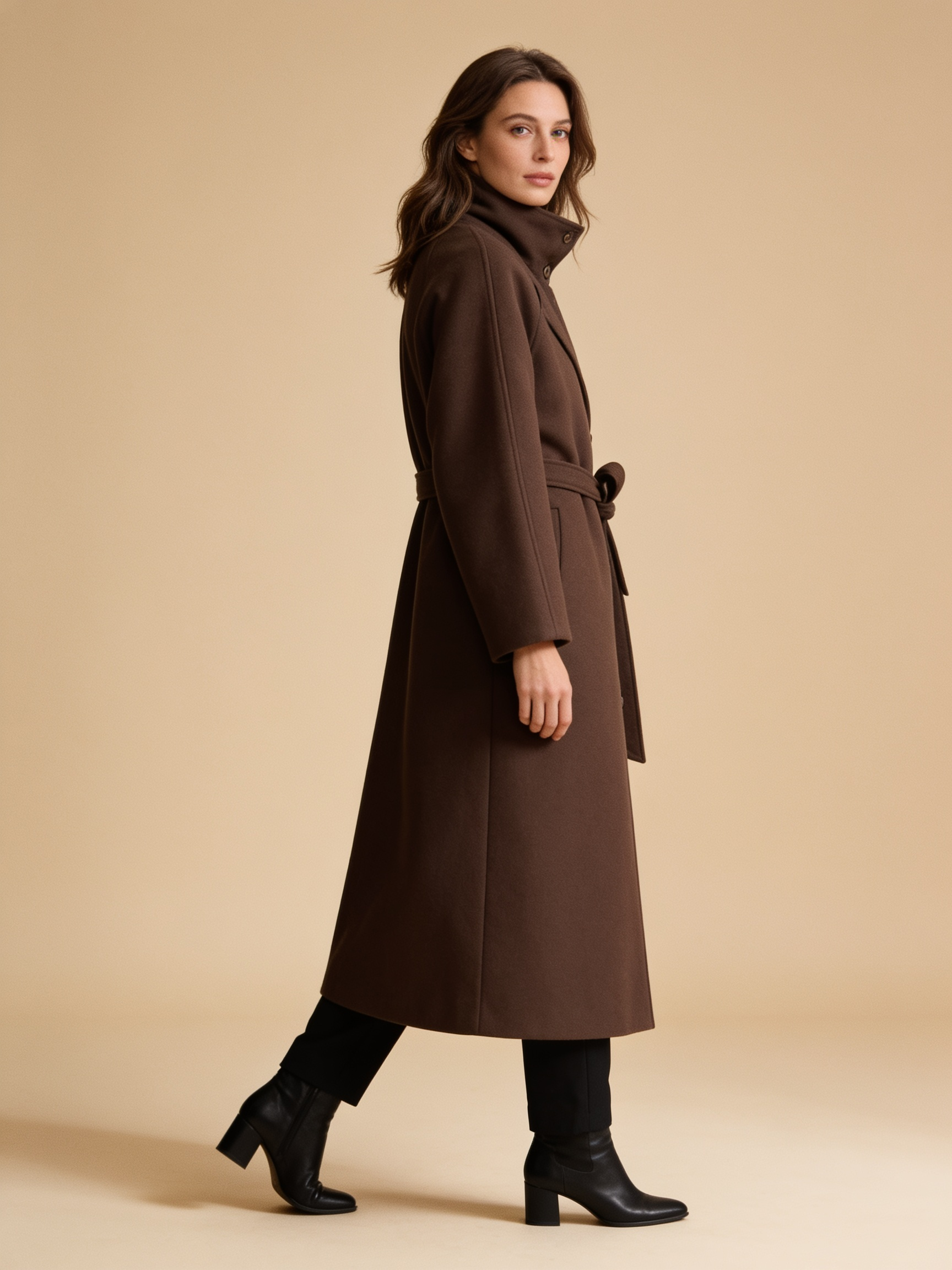 Lumina Wear Georgie belted wool blend maxi coat in a long, structured silhouette