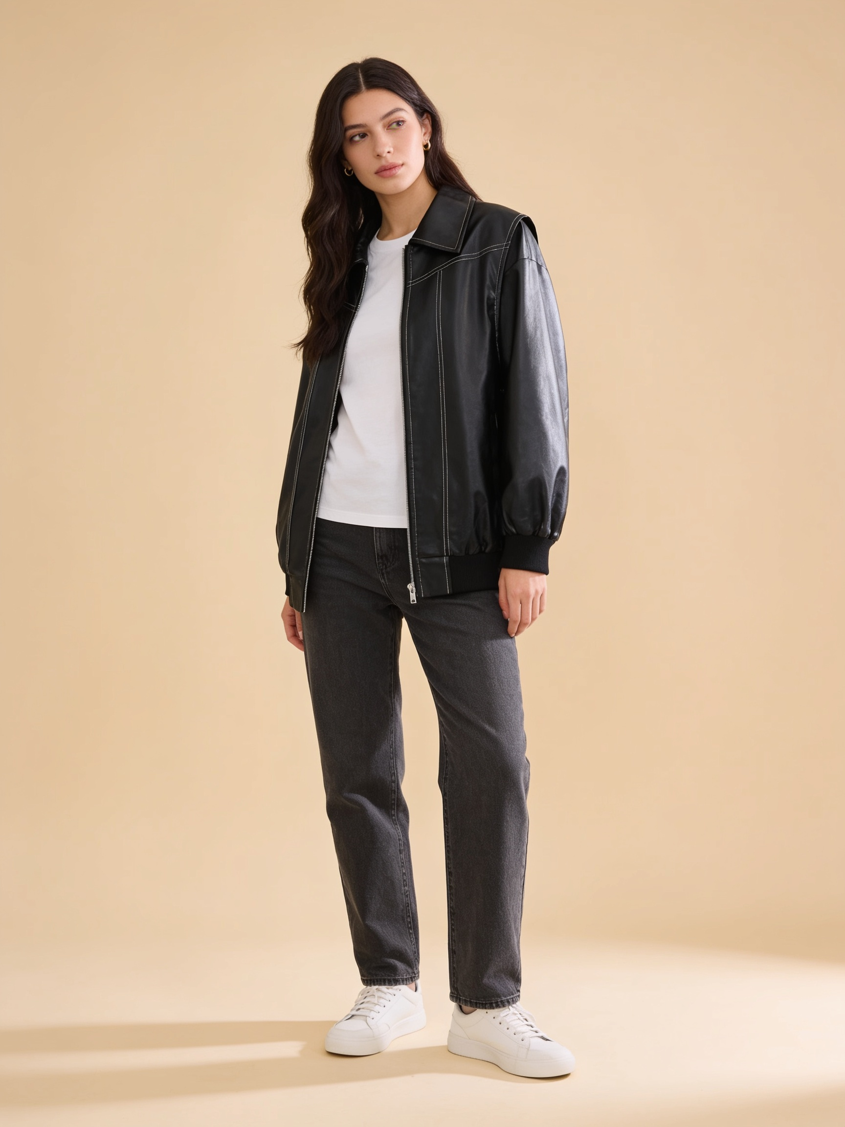 Isabella oversized black vegan leather bomber jacket with ribbed cuffs by Lumina Wear