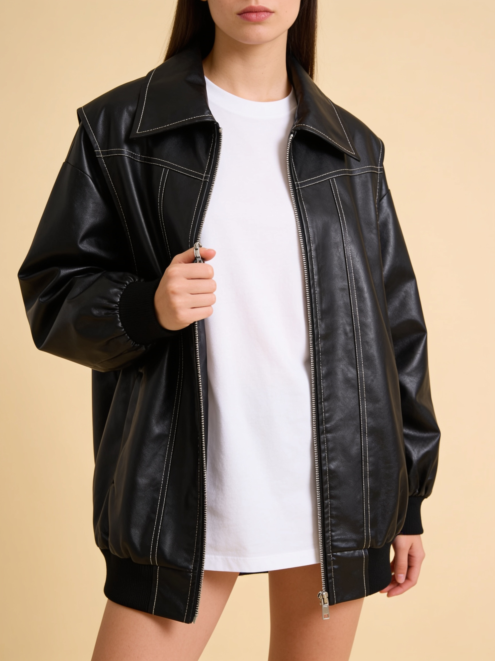 Lumina Wear Isabella oversized black vegan leather bomber jacket with ribbed cuffs