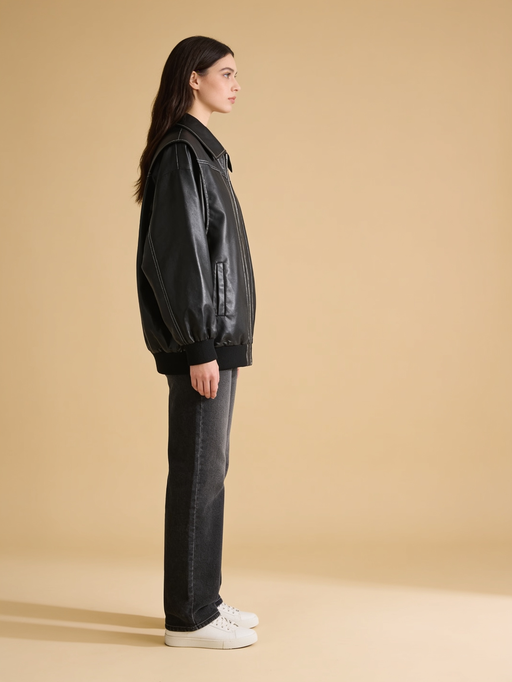 Lumina Wear Isabella oversized black vegan leather bomber jacket with ribbed cuffs