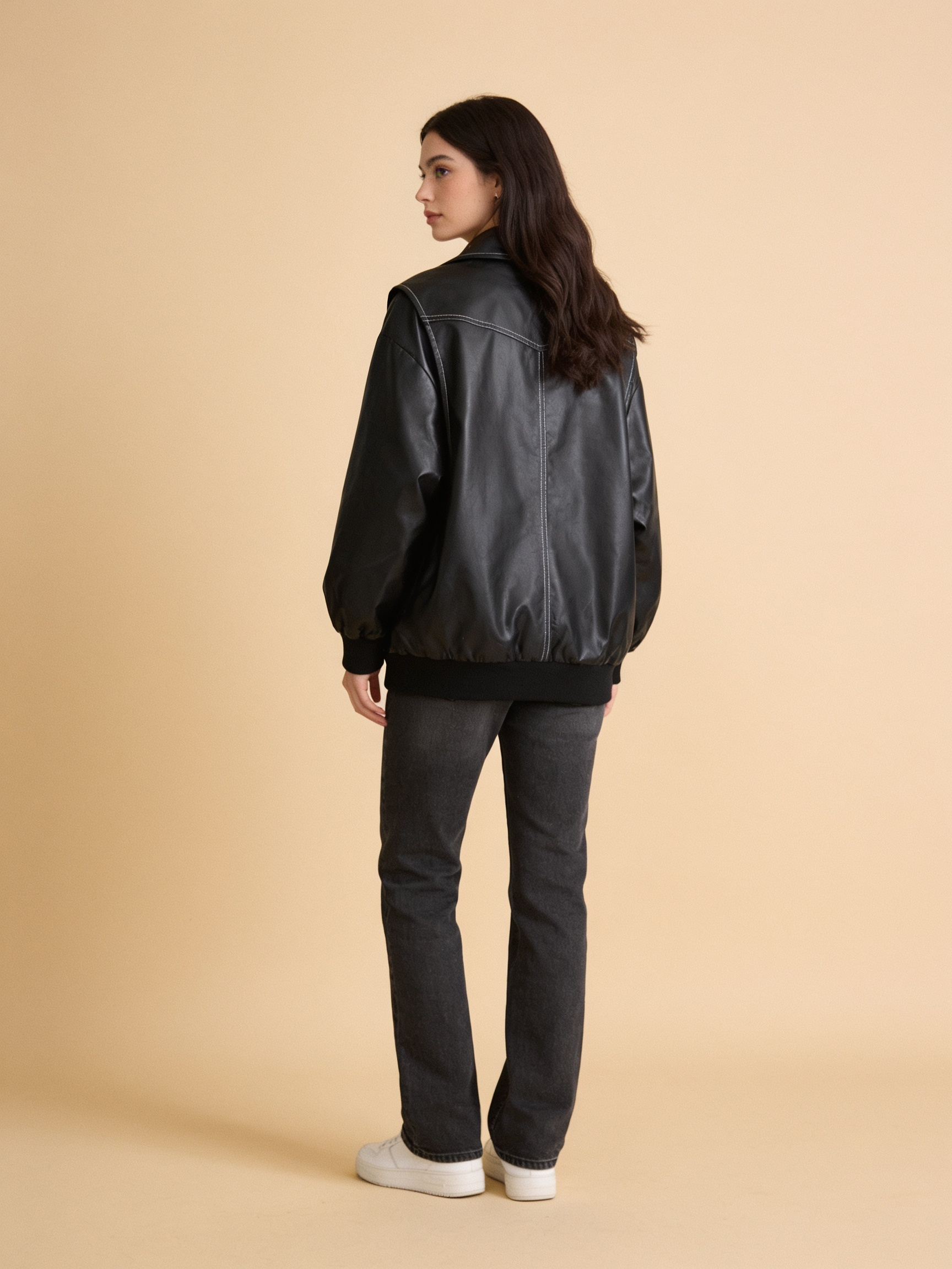 Isabella oversized black vegan leather bomber jacket with ribbed cuffs by Lumina Wear