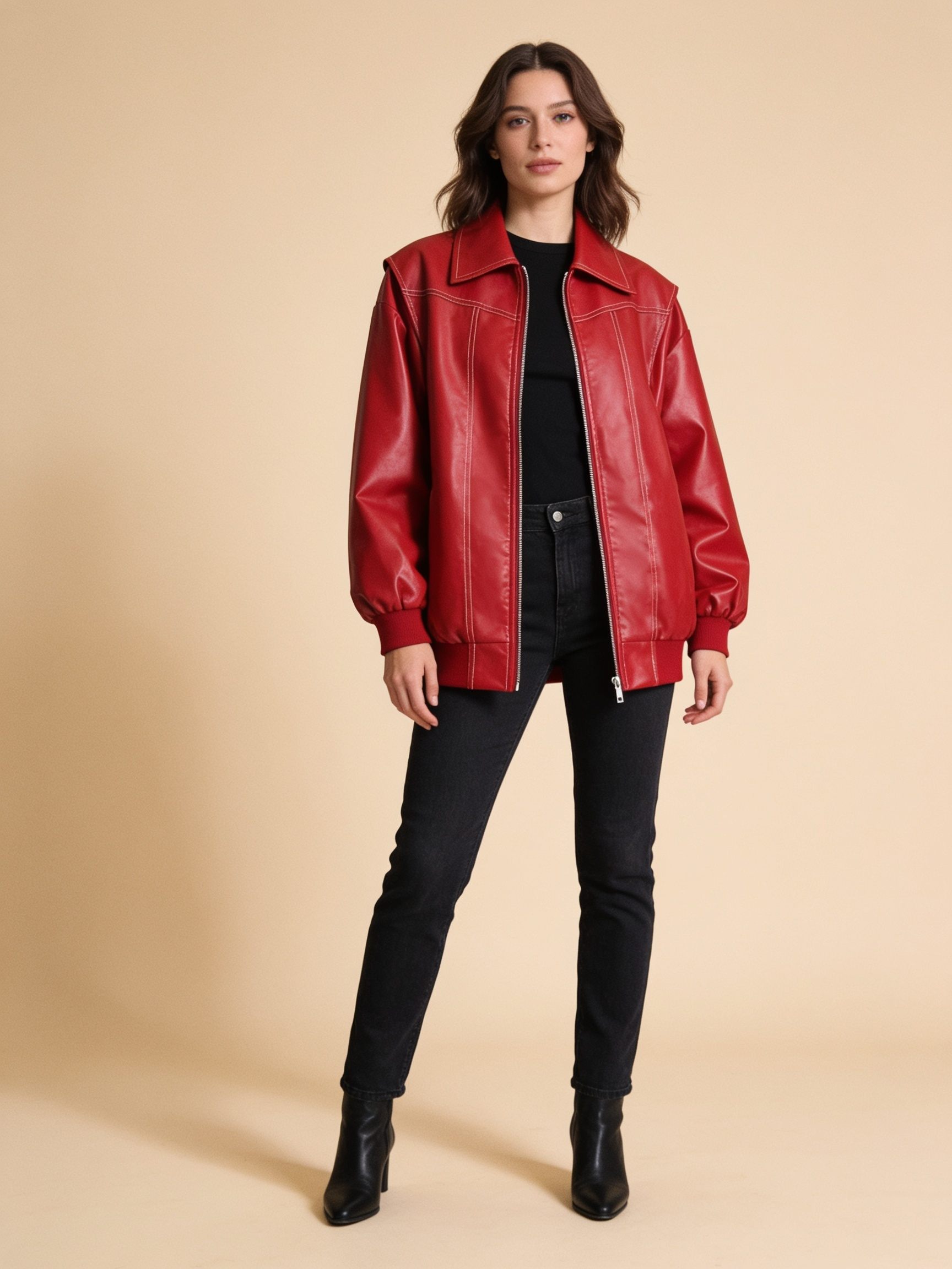 Lumina Wear Isabella oversized black vegan leather bomber jacket with ribbed cuffs