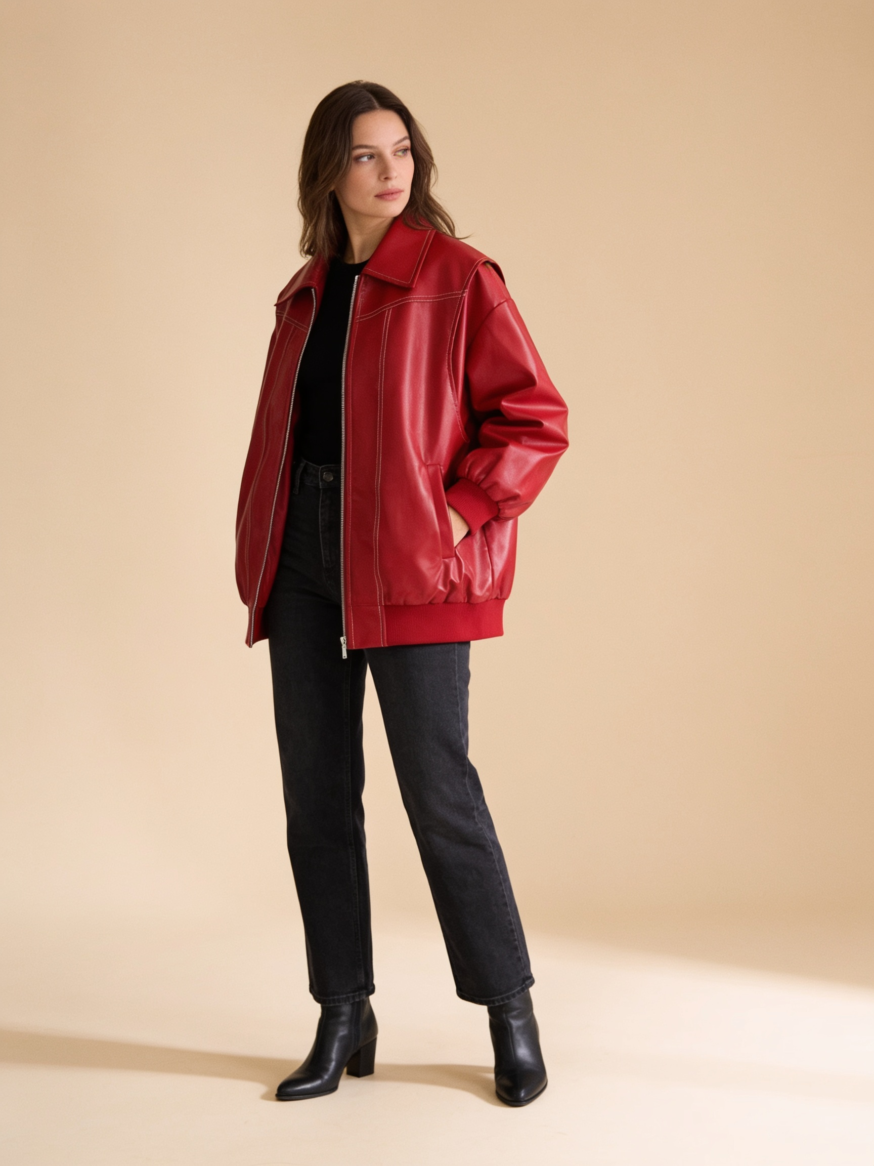Lumina Wear Isabella oversized black vegan leather bomber jacket with ribbed cuffs