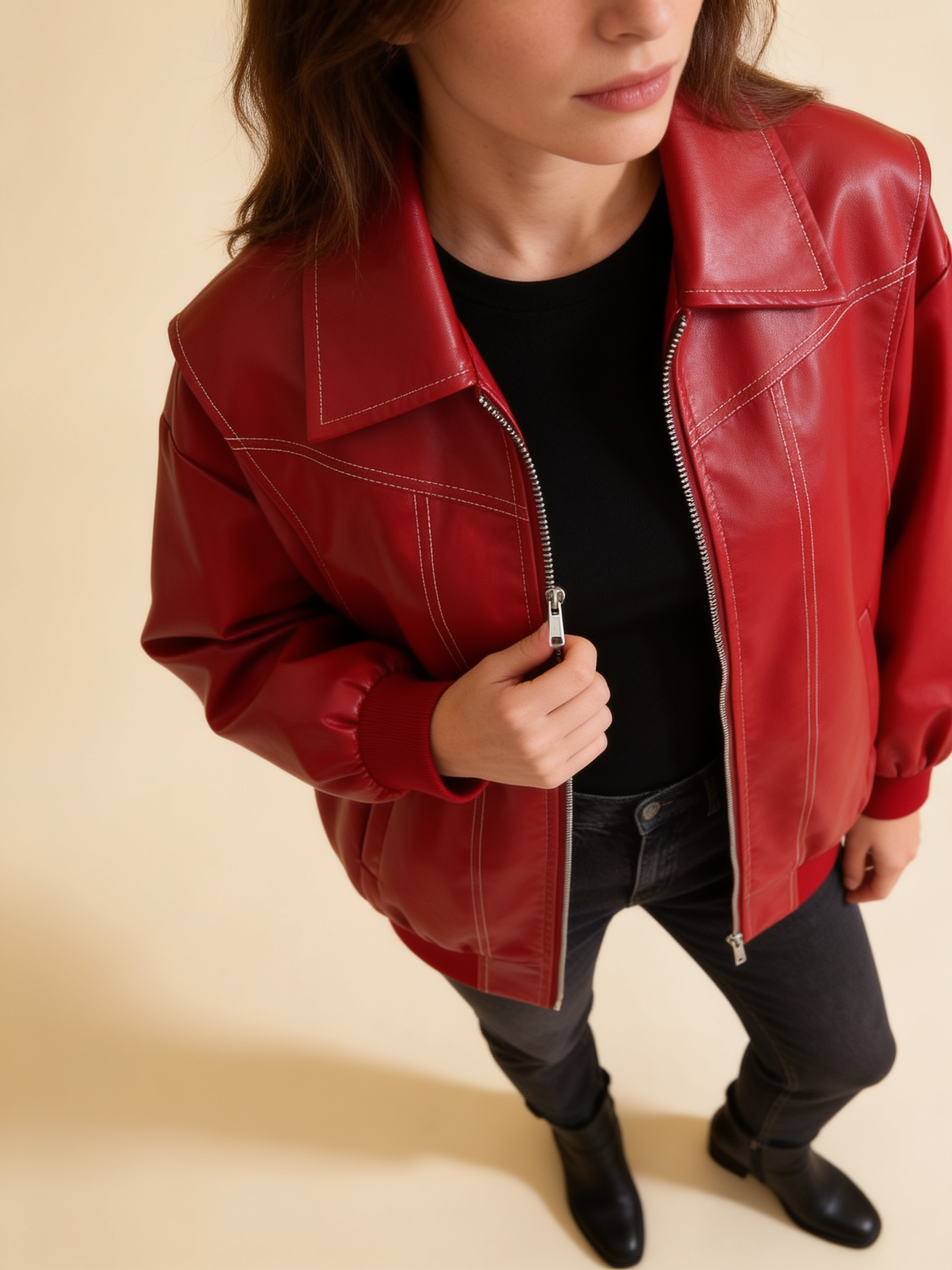 Isabella oversized black vegan leather bomber jacket with ribbed cuffs by Lumina Wear