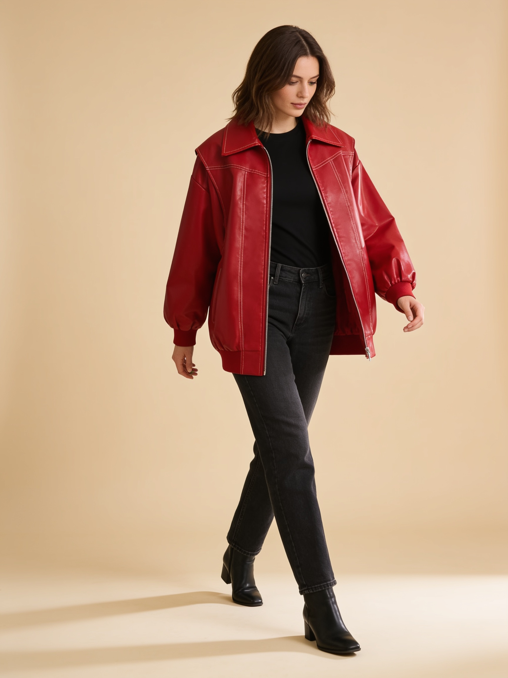 Lumina Wear Isabella oversized black vegan leather bomber jacket with ribbed cuffs