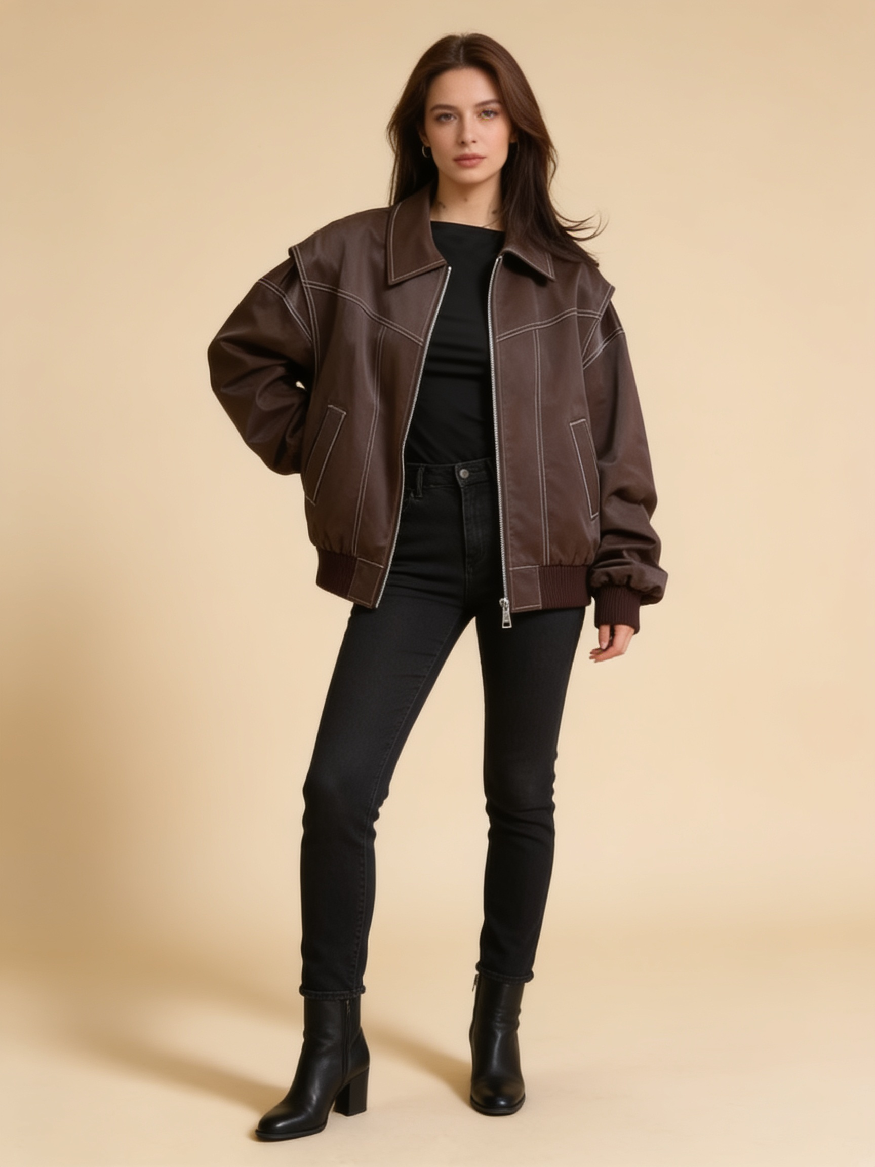 Isabella oversized black vegan leather bomber jacket by Lumina Wear with ribbed cuffs