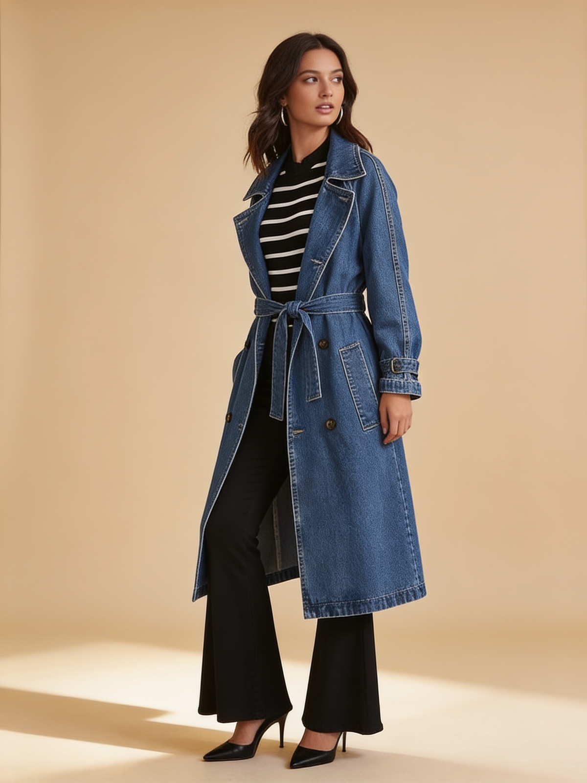 Lumina Wear Elena longline denim trench coat with belt in blue