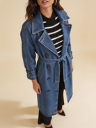 Lumina Wear Elena longline denim trench coat with belt in blue classic denim style