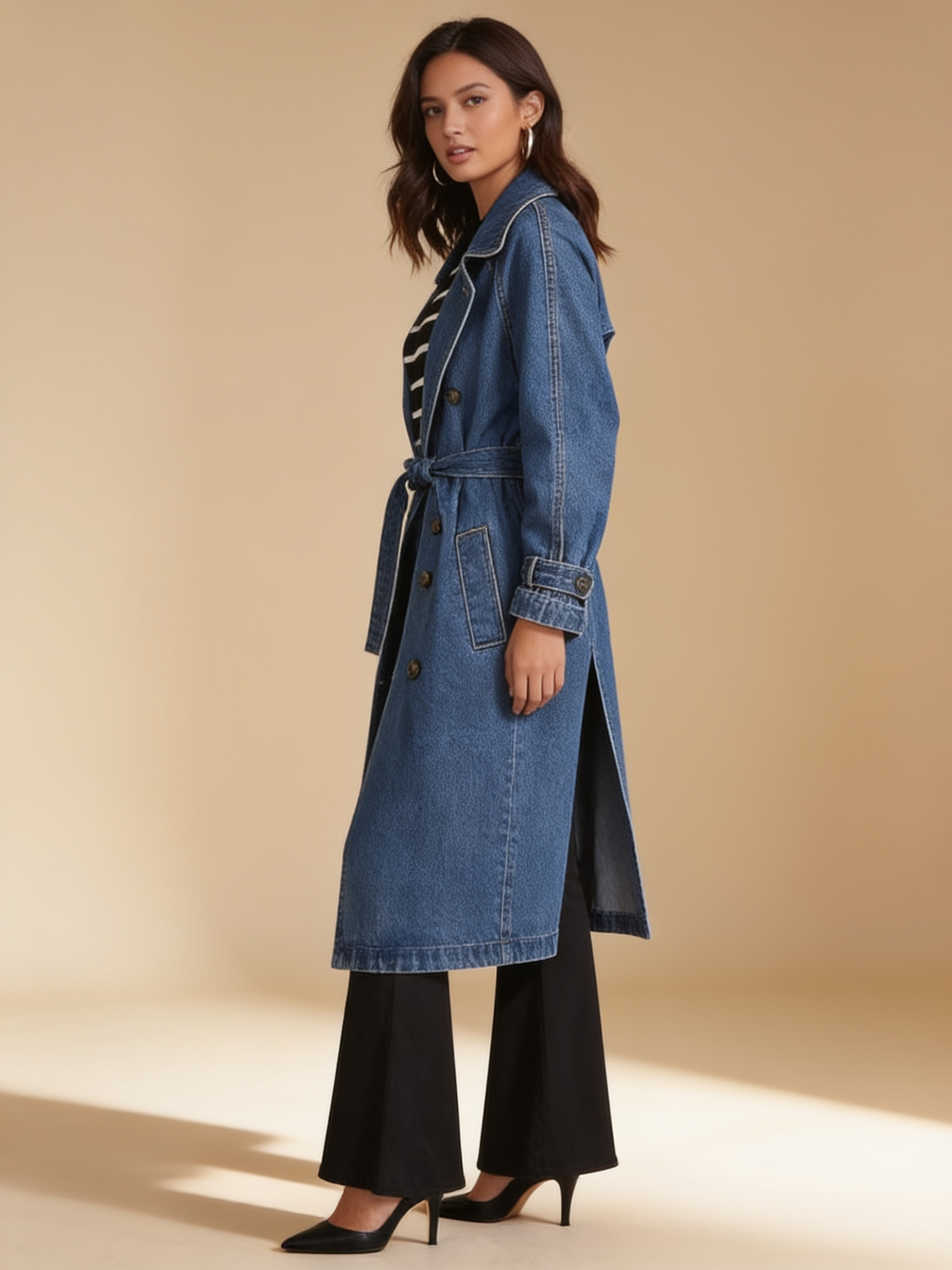Lumina Wear Elena longline denim trench coat with belt, full-length blue coat front view