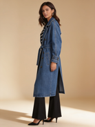 Lumina Wear Elena longline denim trench coat with belt, full-length blue coat front view