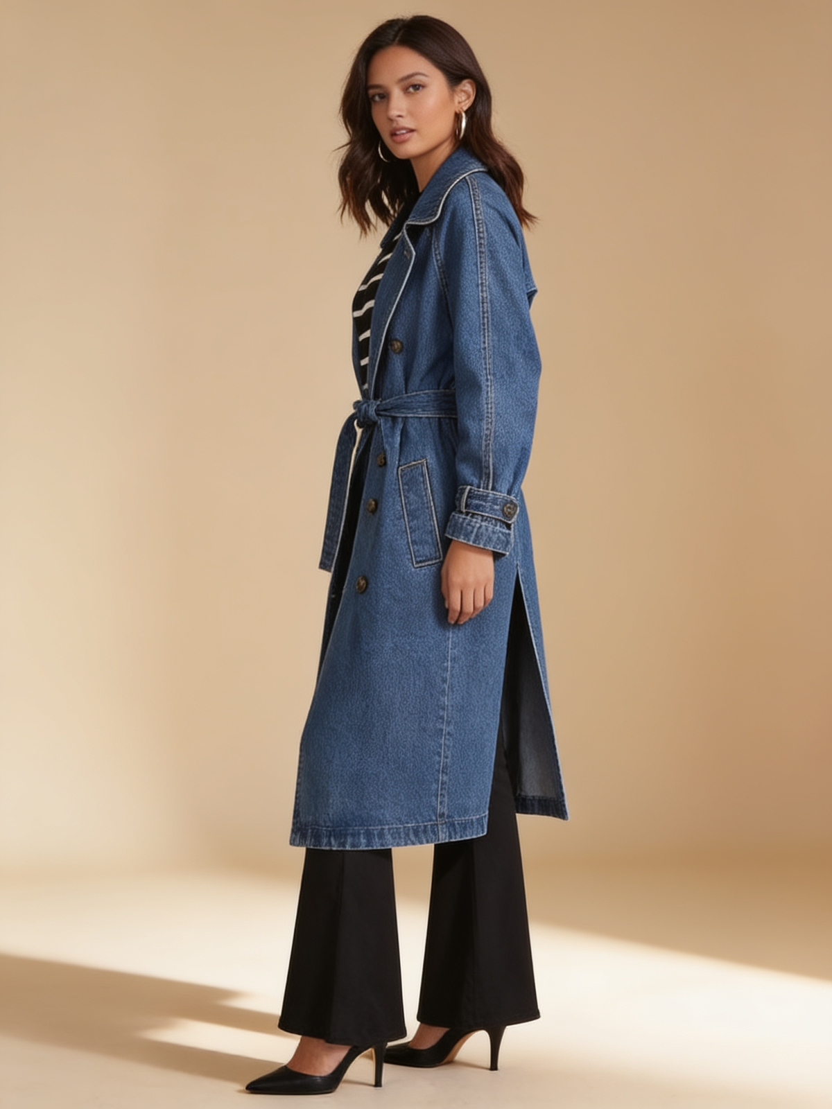 Lumina Wear Elena longline denim trench coat with belt, full-length blue coat front view