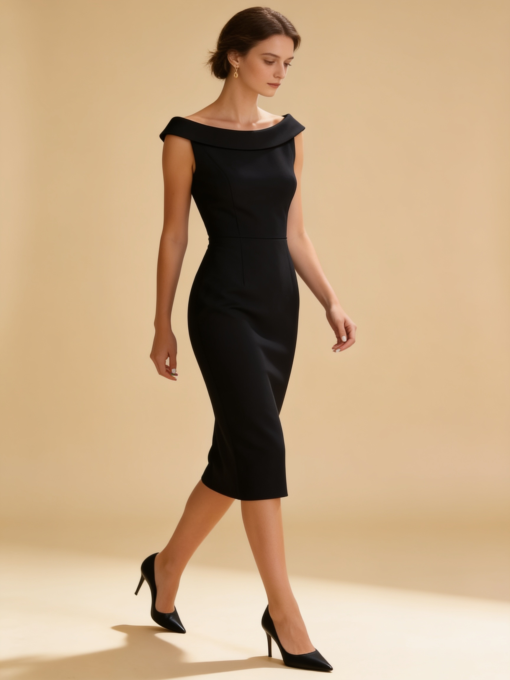 Lumina Wear black midi dress with elegant fold-over neckline and sleeveless design