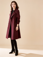 Lumina Wear structured burgundy trench coat with feminine fit and belted waist