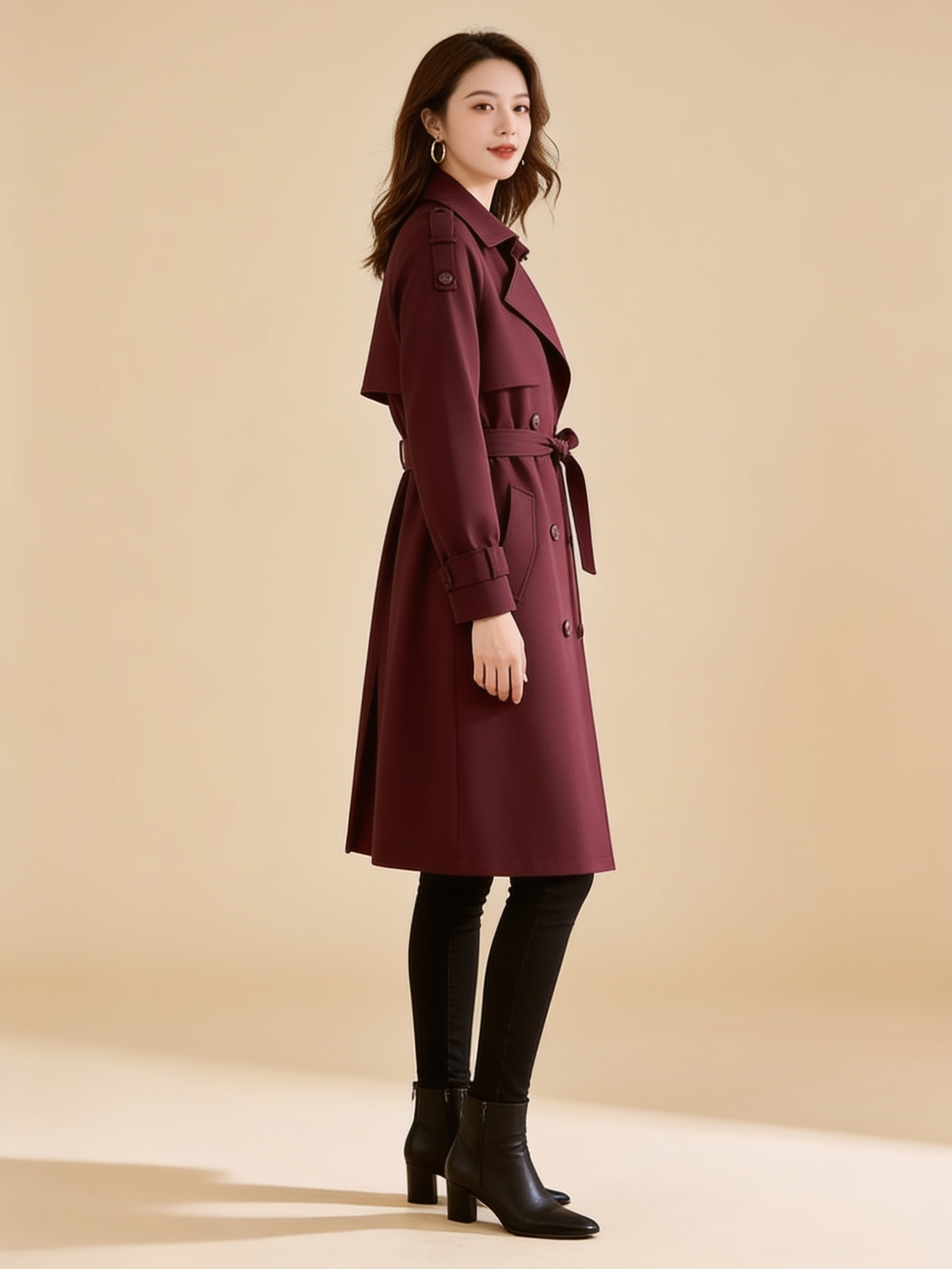 Lumina Wear structured burgundy trench coat with feminine fit and tailored detailing