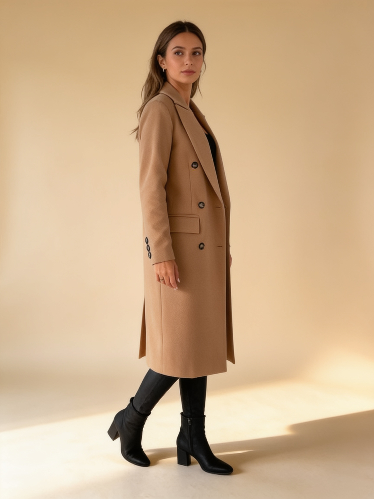 Lumina Wear Elena Prestige longline double-breasted coat in a structured silhouette, front view