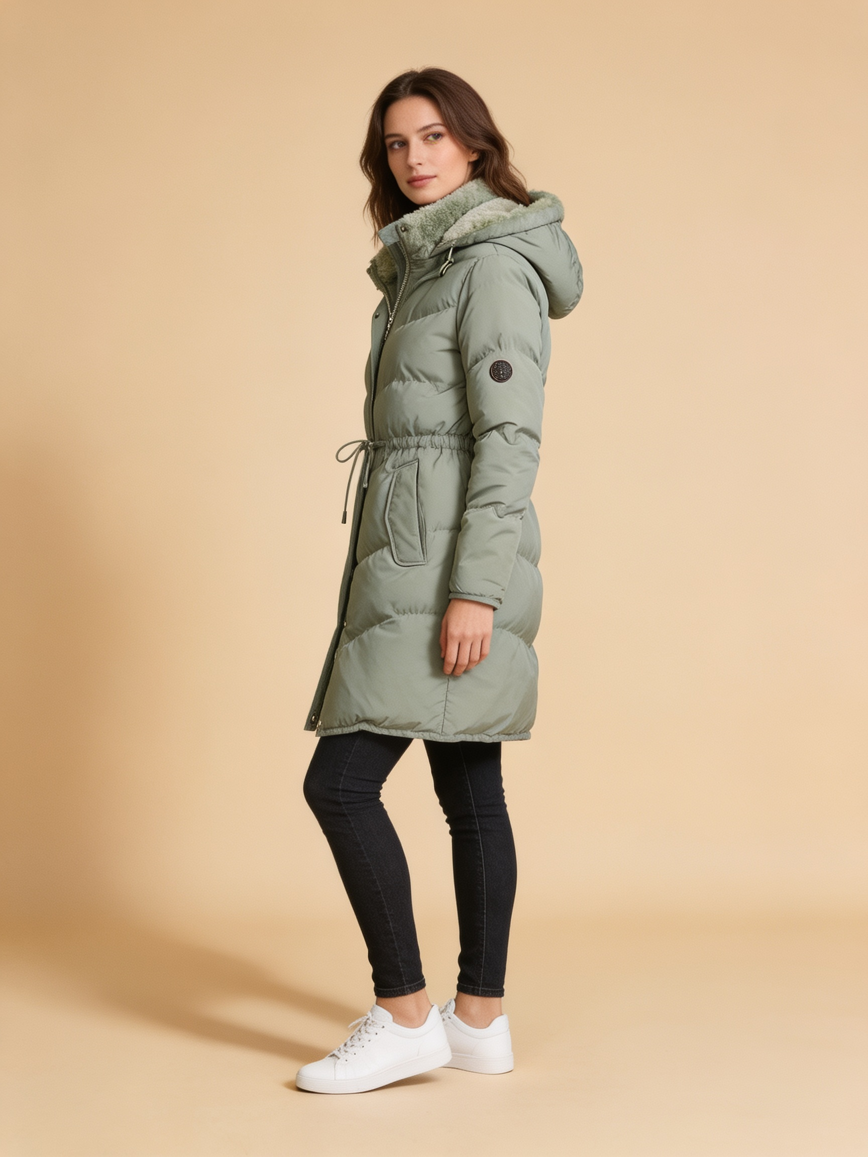 Chloe long hooded quilted puffer coat in sage green - Lumina Wear