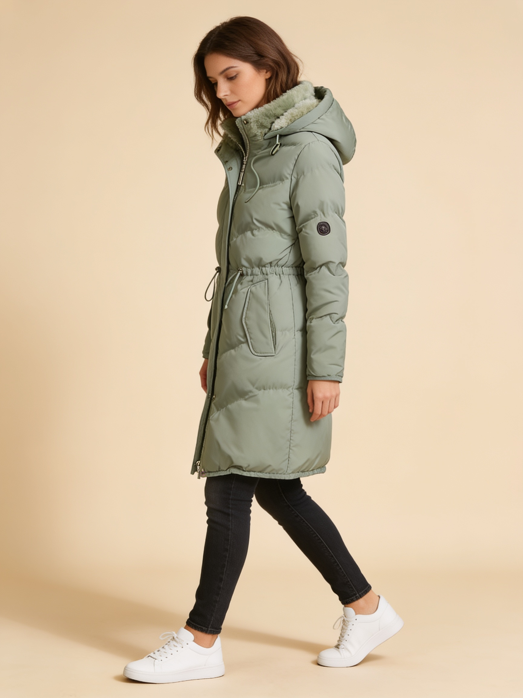 Chloe long hooded quilted puffer coat in sage green - Lumina Wear