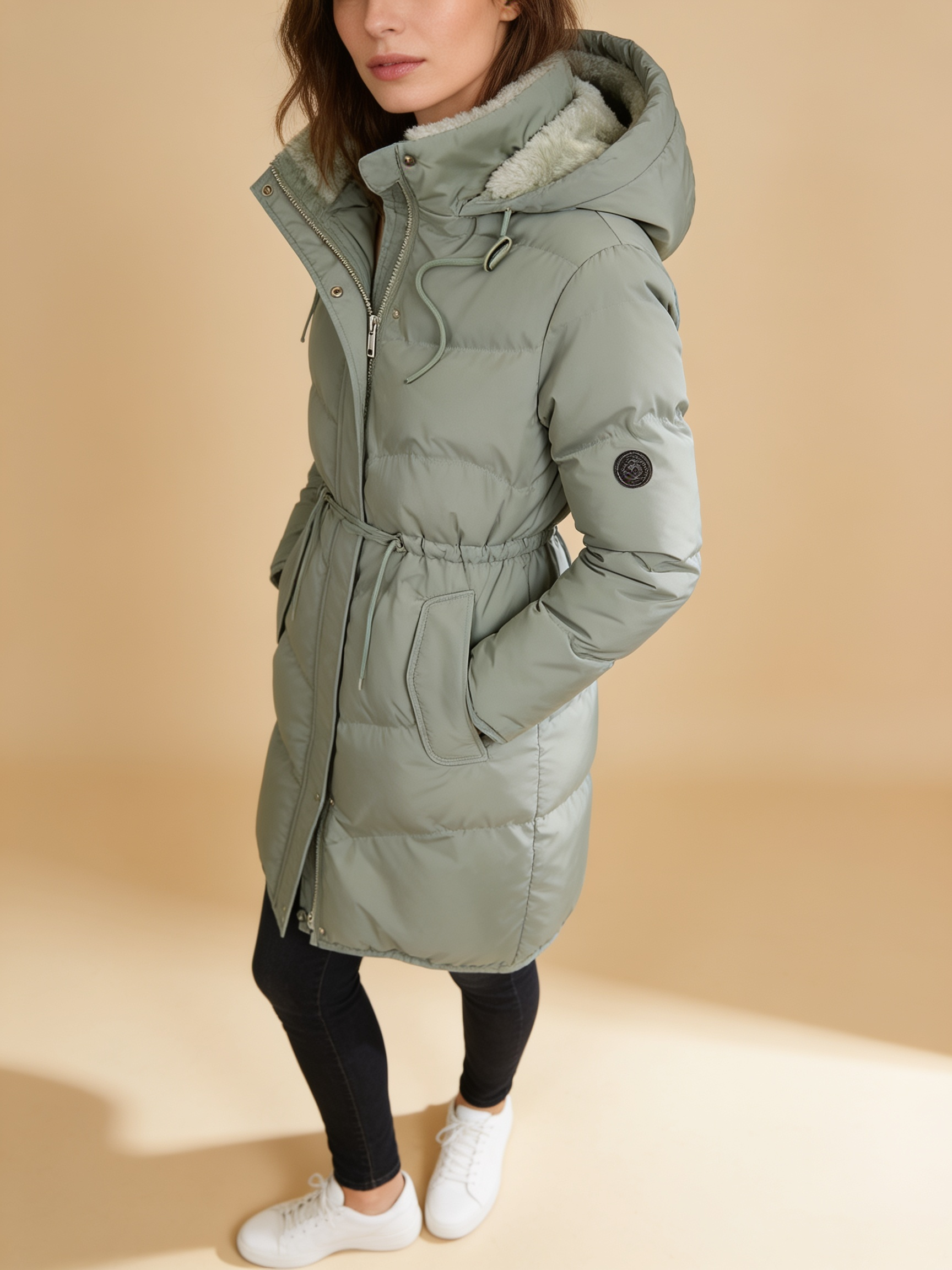 Chloe long hooded quilted puffer coat in sage green - Lumina Wear