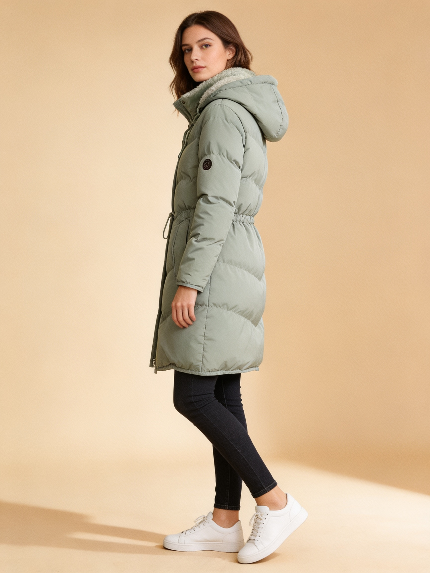 Chloe long hooded quilted puffer coat in sage green - Lumina Wear