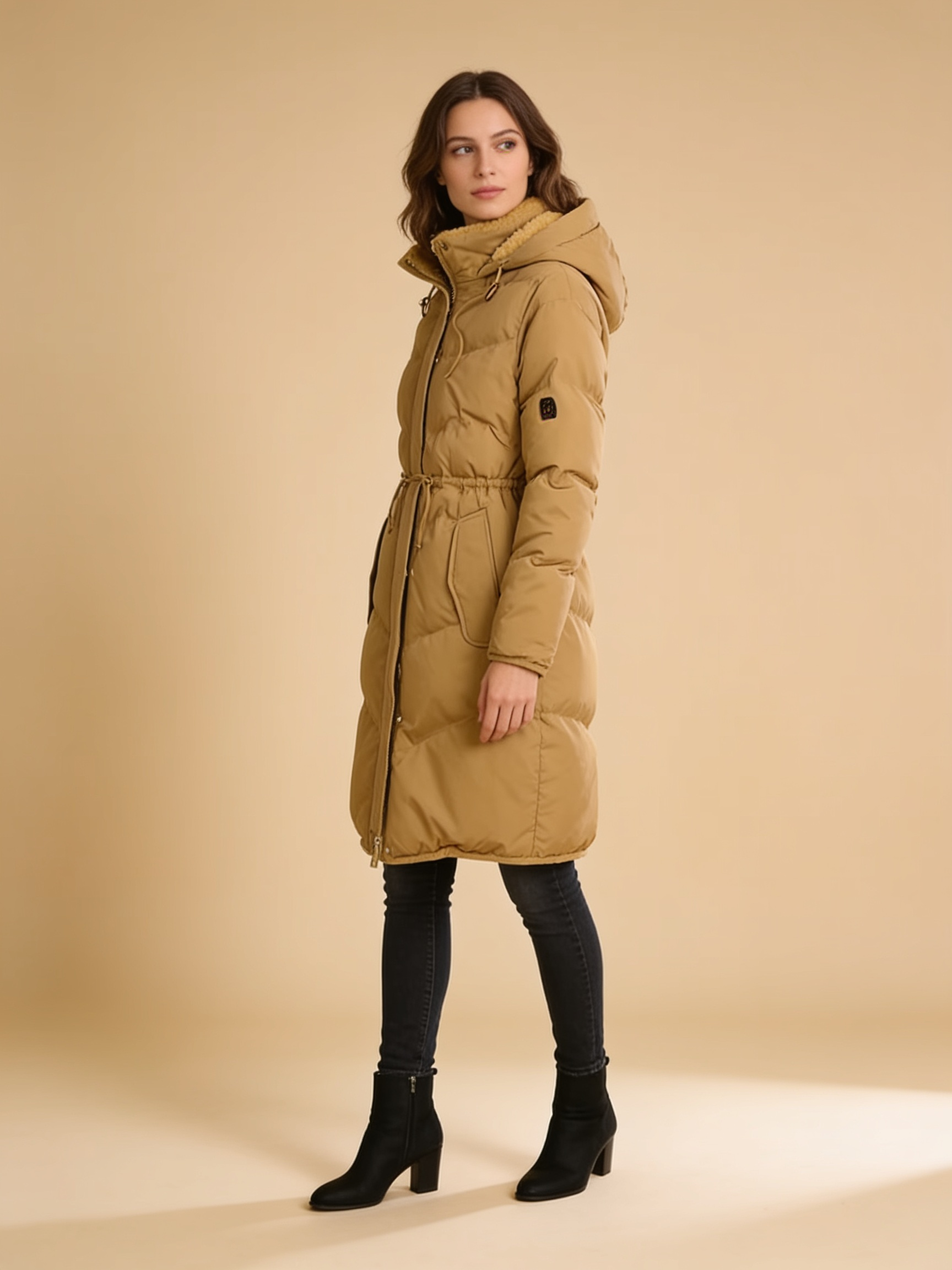 Chloe long hooded quilted puffer coat in camel - Lumina Wear