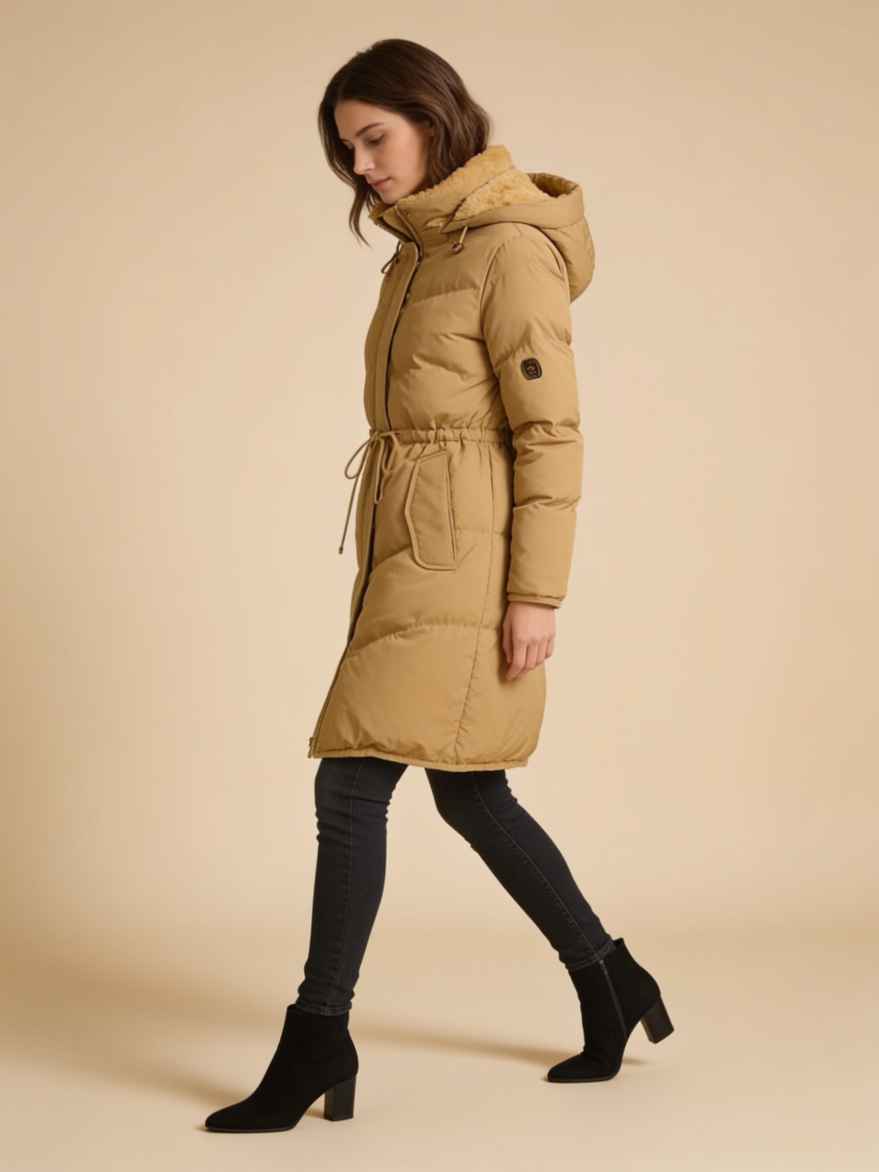 Chloe long hooded quilted puffer coat in camel - Lumina Wear