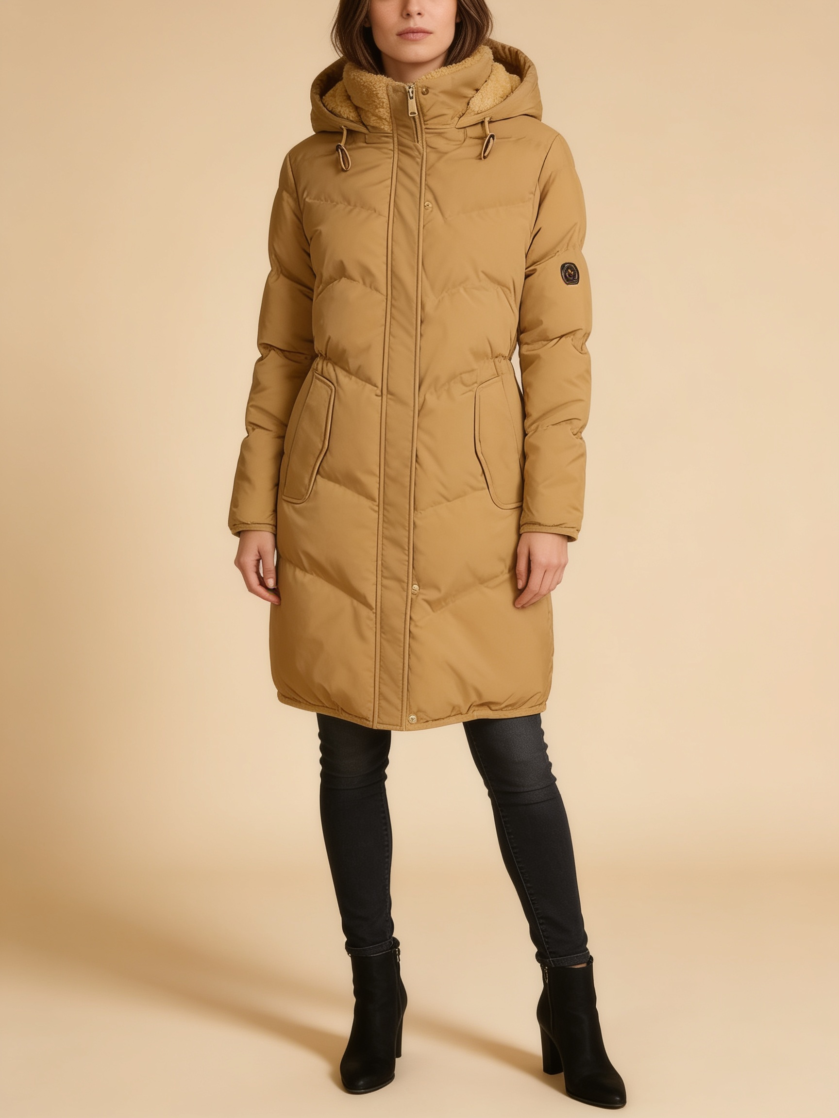 Chloe long hooded quilted puffer coat in camel - Lumina Wear
