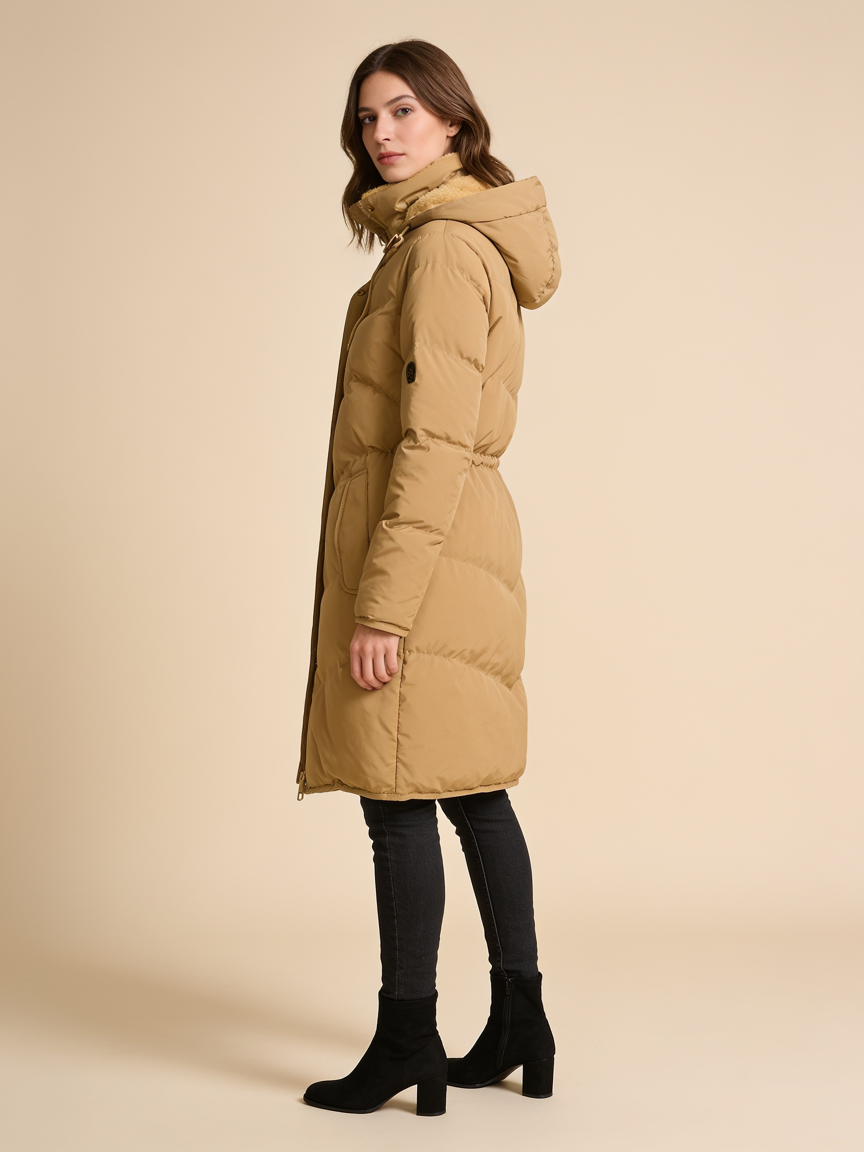 Chloe long hooded quilted puffer coat in camel - Lumina Wear
