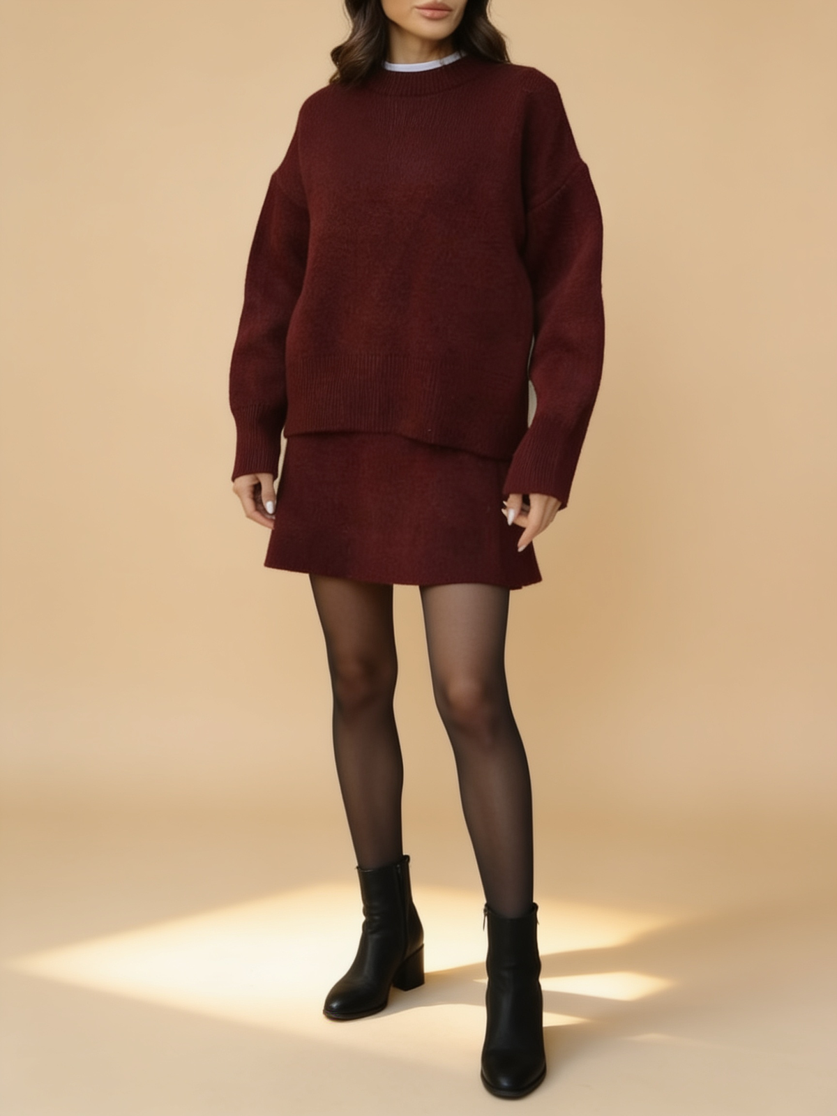 Lumina Wear Clara cozy knit sweater set with mini skirt in a soft, textured knit fabric