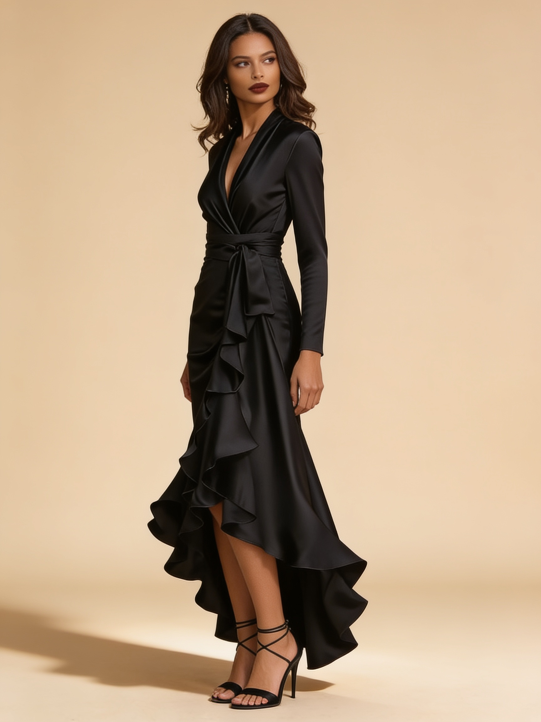 Lumina Wear Adriene satin maxi dress with elegant ruffle hem in Lumina color