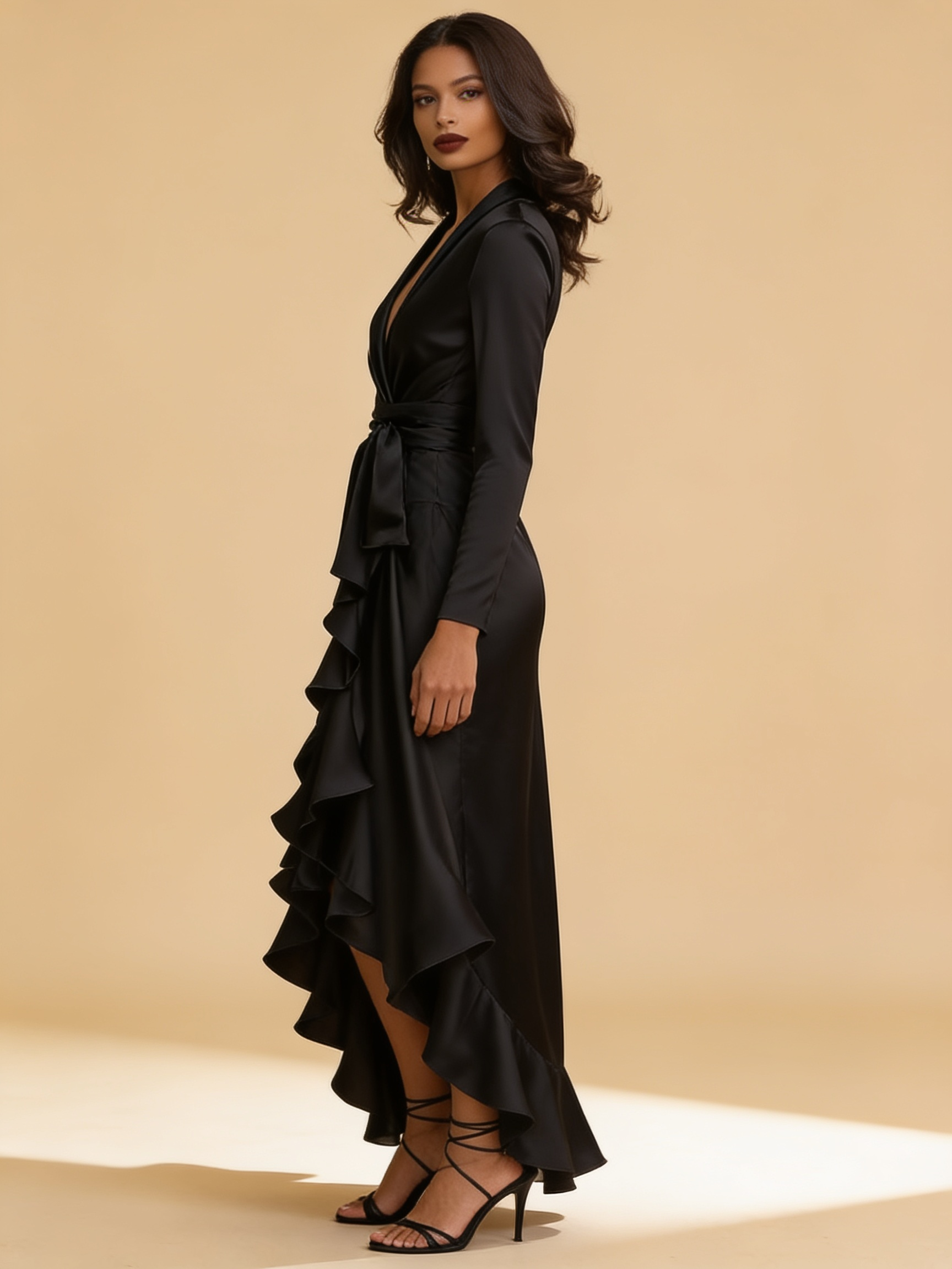 Lumina Wear Adriene satin maxi dress with elegant ruffle hem in a flowing silhouette