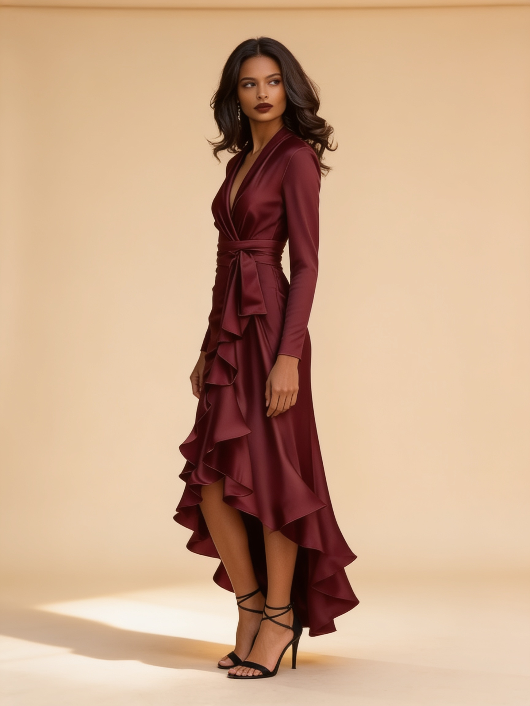 Lumina Wear Adriene satin maxi dress with elegant ruffle hem in a flowing silhouette