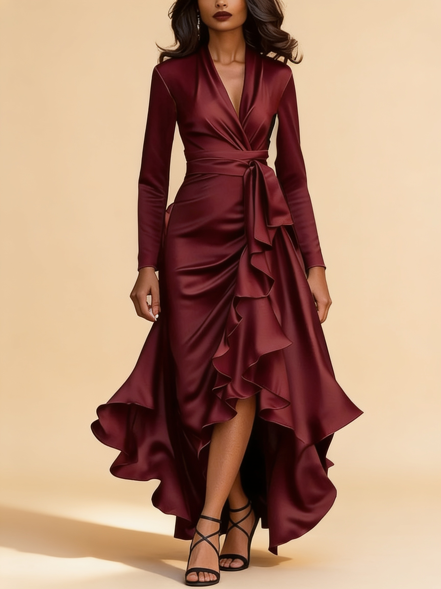 Lumina Wear Adriene satin maxi dress in a flowing silhouette with elegant ruffle hem