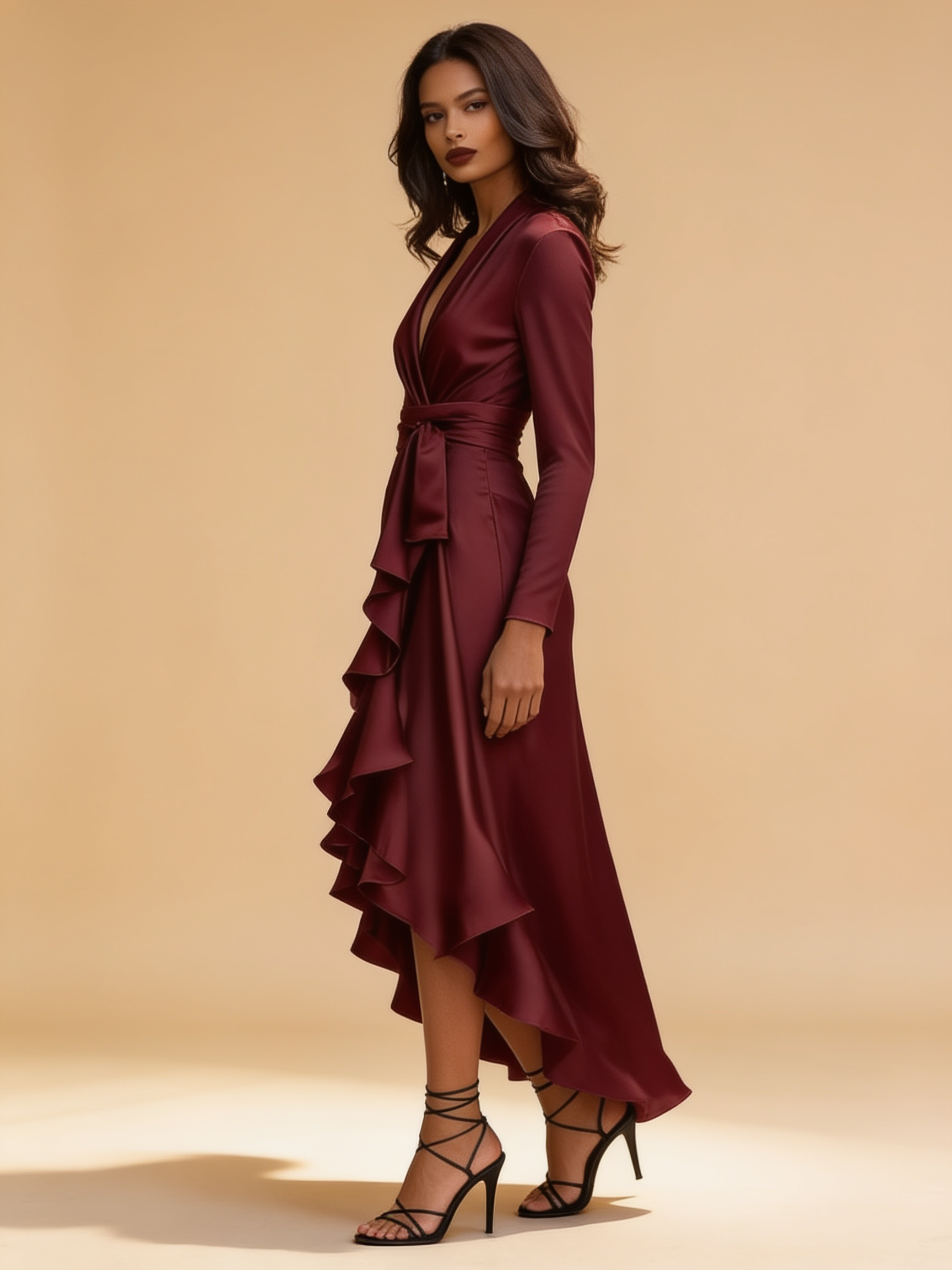 Lumina Wear Adriene satin maxi dress with elegant ruffle hem in a flowing silhouette