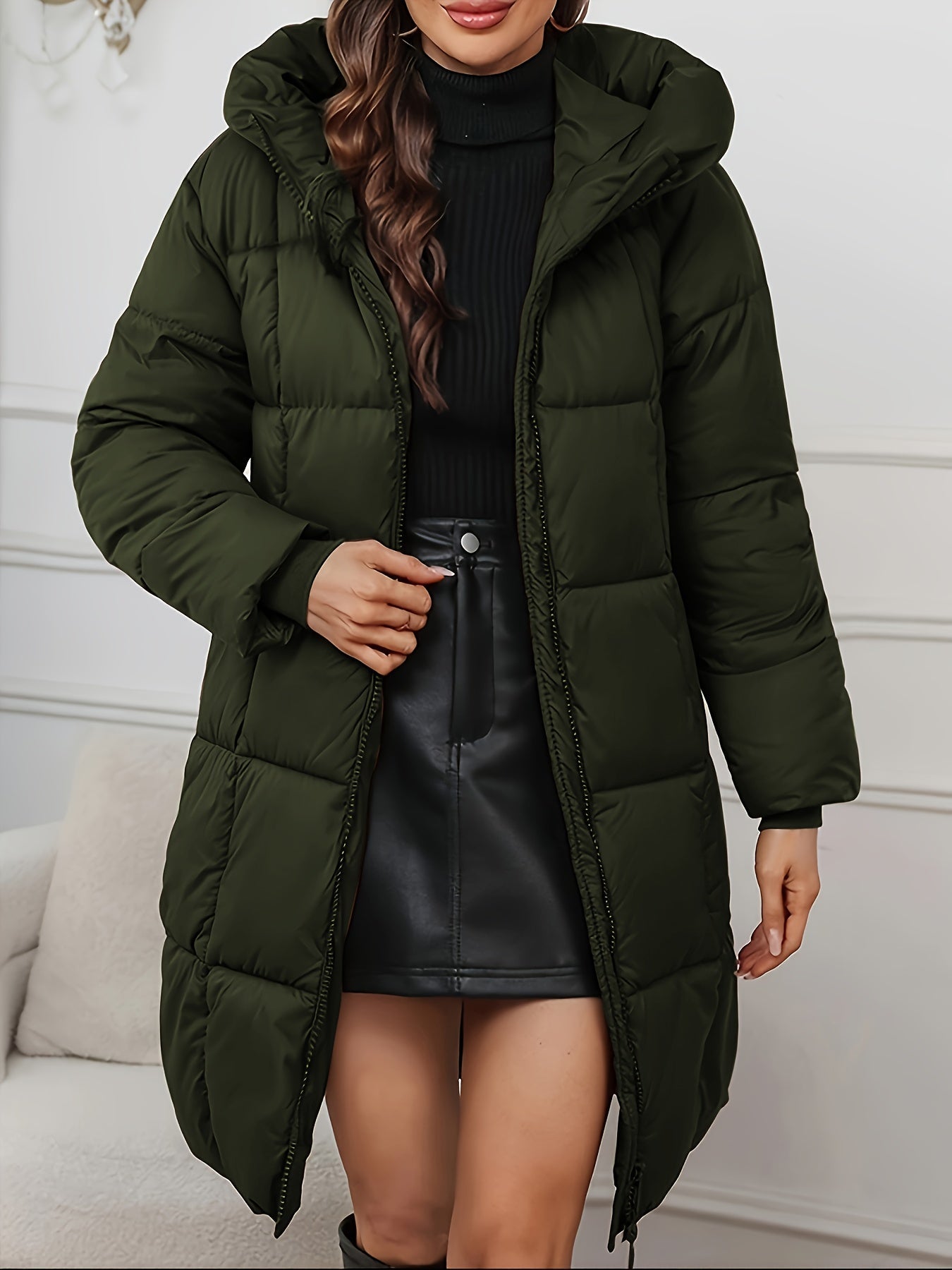 Redish-brown Holly longline hooded puffer coat by Lumina Wear featuring a minimalist design and cozy, insulated puffer style.