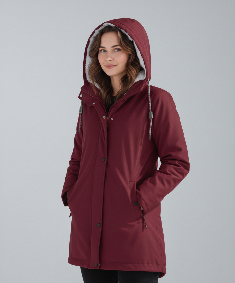 Yellow Lumina Wear Imogen Sherpa-lined hooded parka jacket for women, featuring cozy inner lining and winter-ready design.